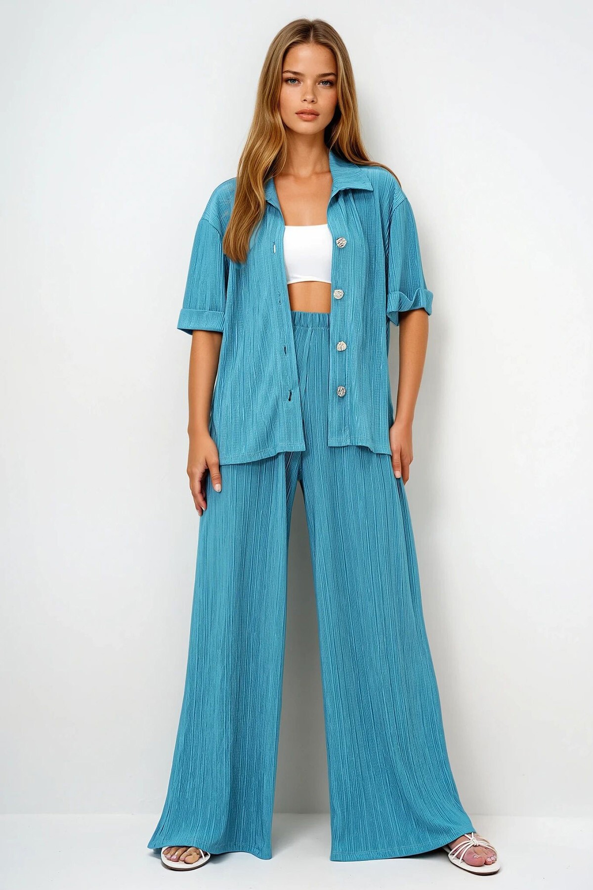Mint Yeşili Duble Manşetli Gold Düğme Detaylı Pliseli Gömlek Ve Palazzo Pantolon Takım