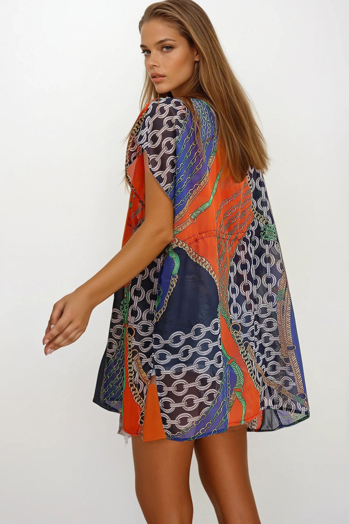 Mix Yanı Yırtmaçlı Desenli Kimono