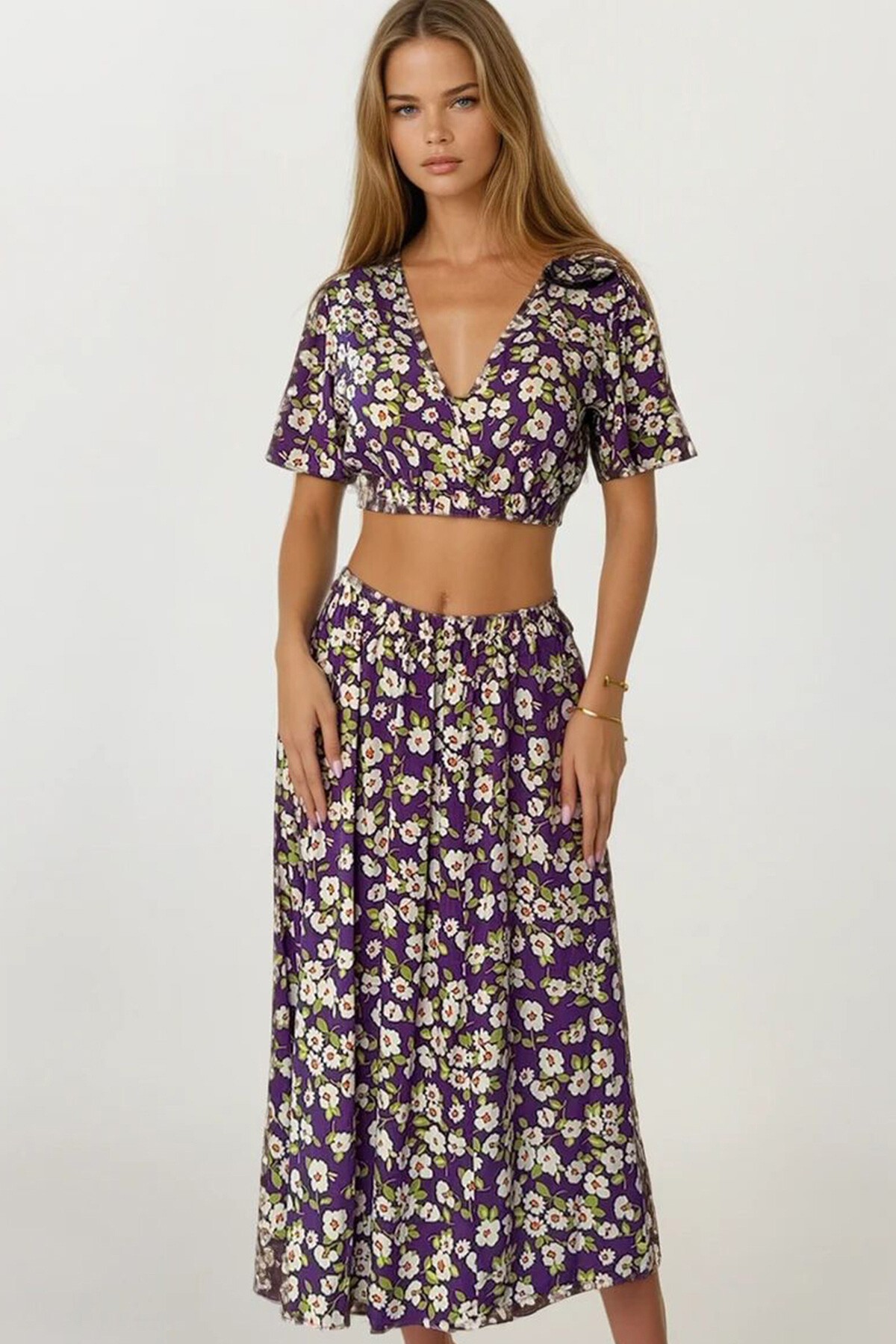 Mor Çiçek Desenli Crop Bluz Ve Etek Takım