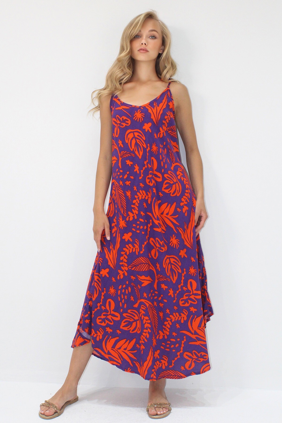 Mor İp Askılı Çok Renkli Midi Boy Dokuma Viskon Elbise