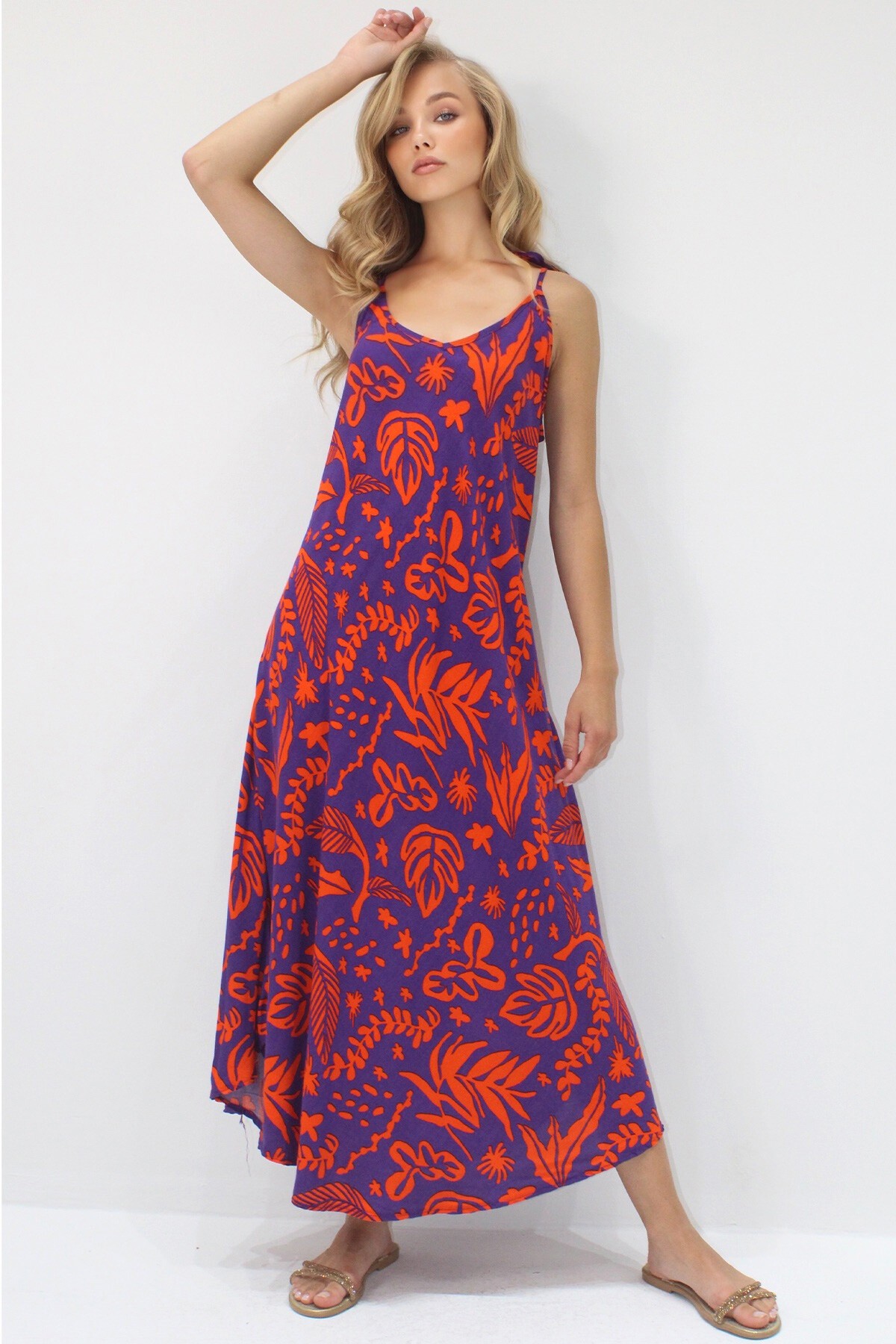 Mor İp Askılı Çok Renkli Midi Boy Dokuma Viskon Elbise