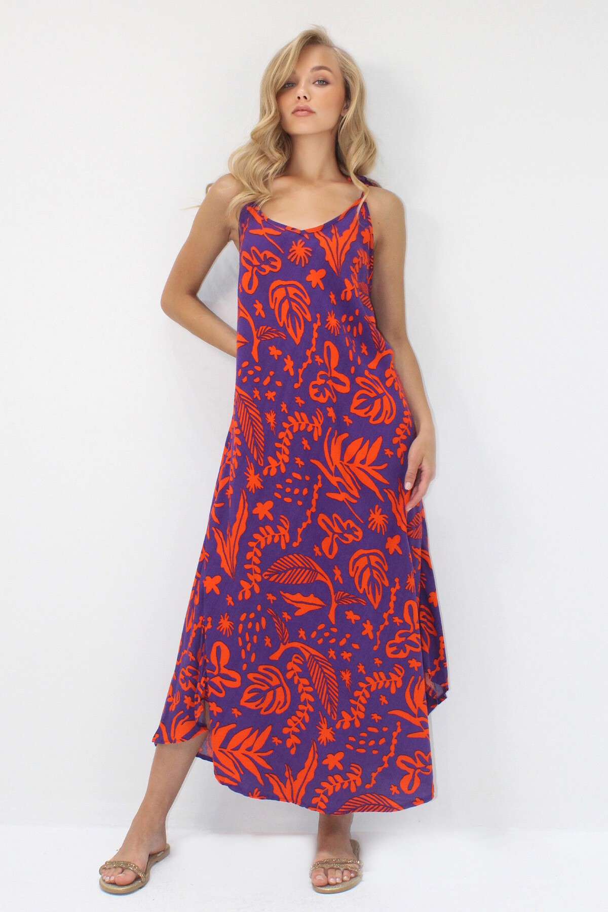 Mor İp Askılı Çok Renkli Midi Boy Dokuma Viskon Elbise