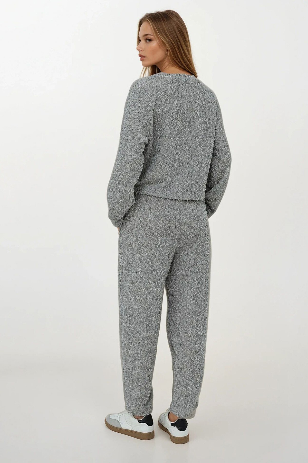 Gri Bağlamalı Bluz Ve Beli Lastikli Palazzo Pantolon Takım