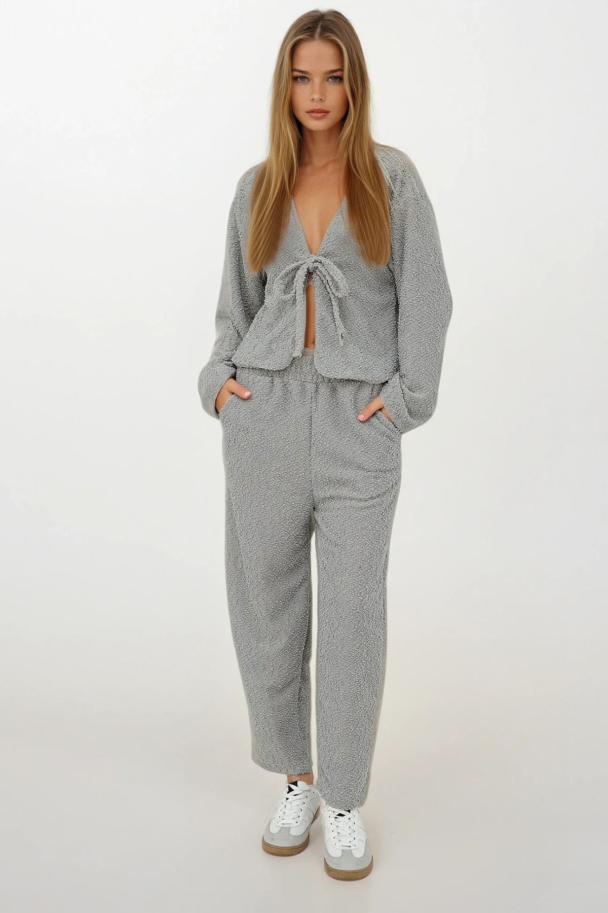 Gri Bağlamalı Bluz Ve Beli Lastikli Palazzo Pantolon Takım