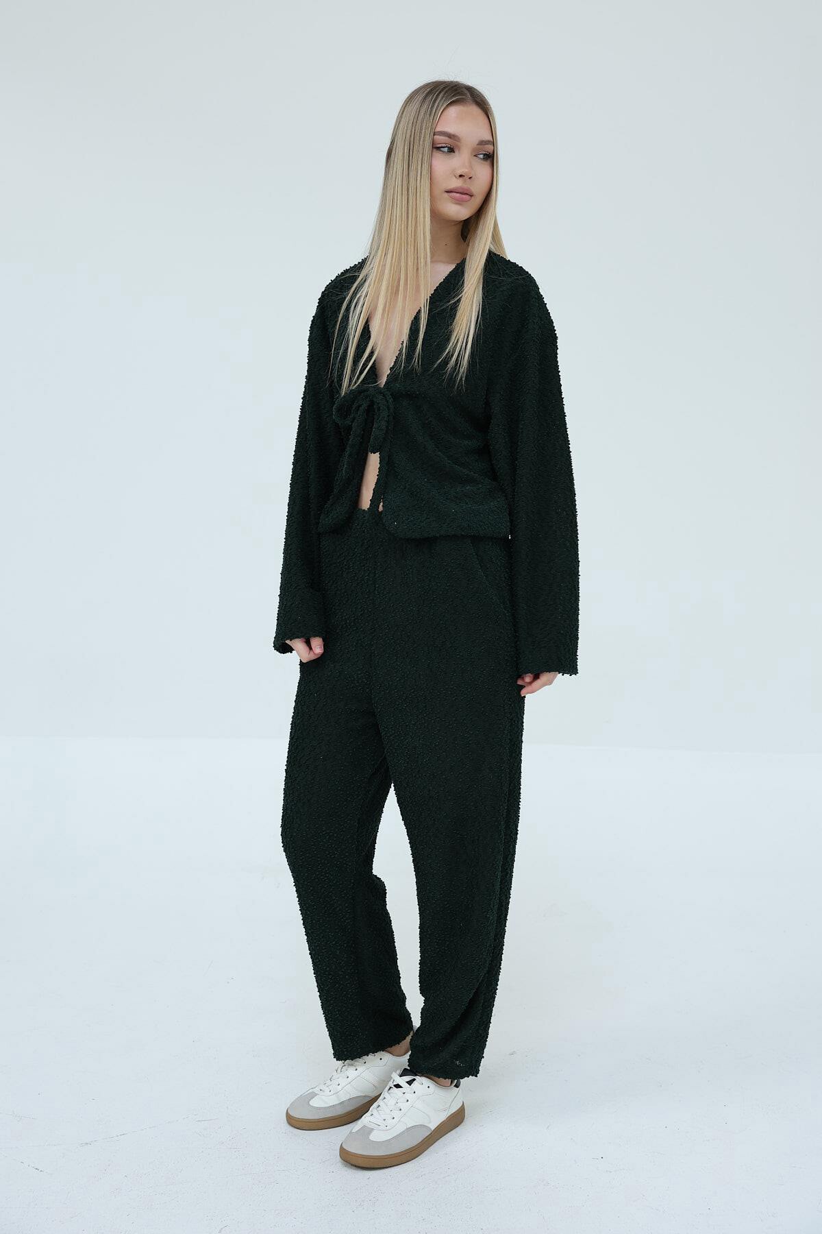 Haki Bağlamalı Bluz Ve Beli Lastikli Palazzo Pantolon Takım