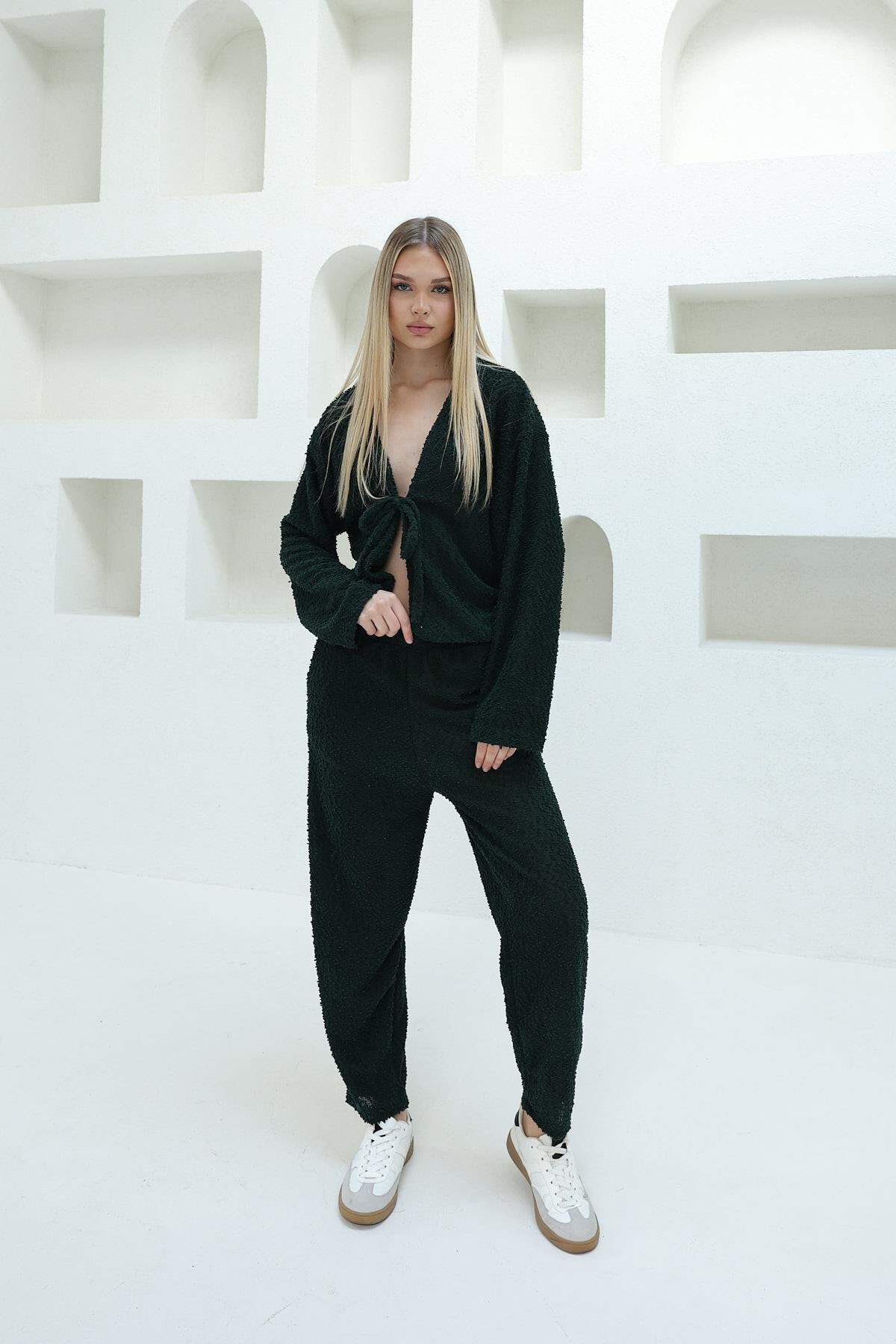 Haki Bağlamalı Bluz Ve Beli Lastikli Palazzo Pantolon Takım