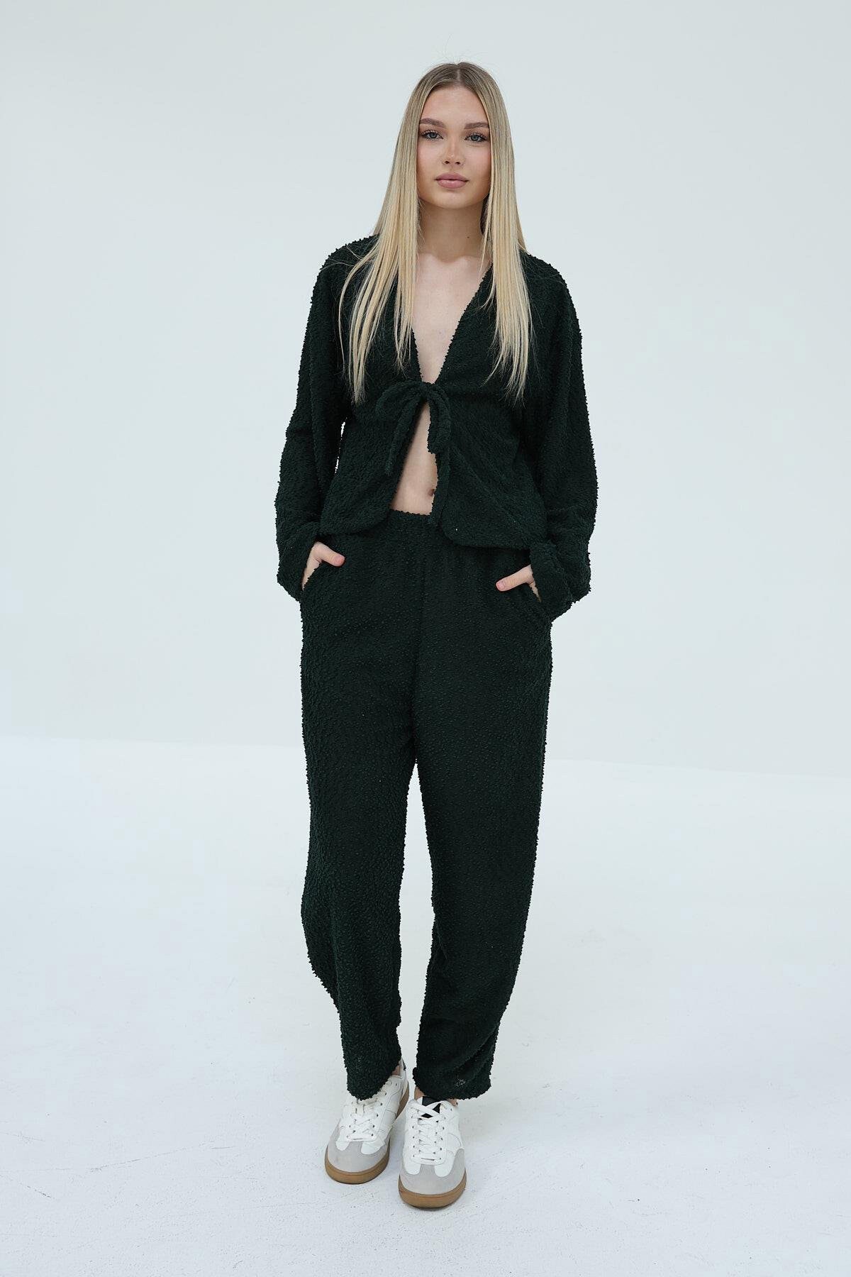 Haki Bağlamalı Bluz Ve Beli Lastikli Palazzo Pantolon Takım