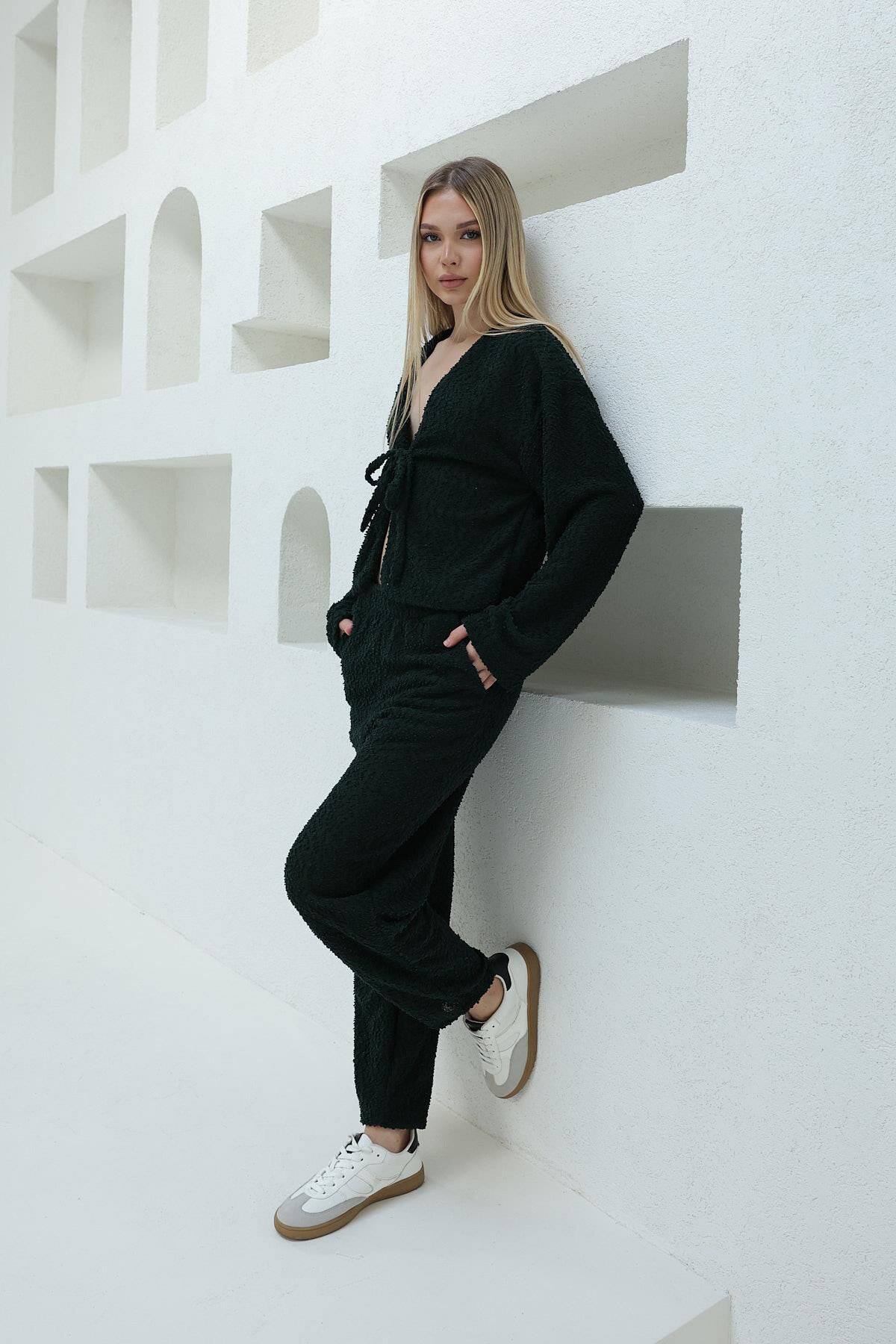 Haki Bağlamalı Bluz Ve Beli Lastikli Palazzo Pantolon Takım