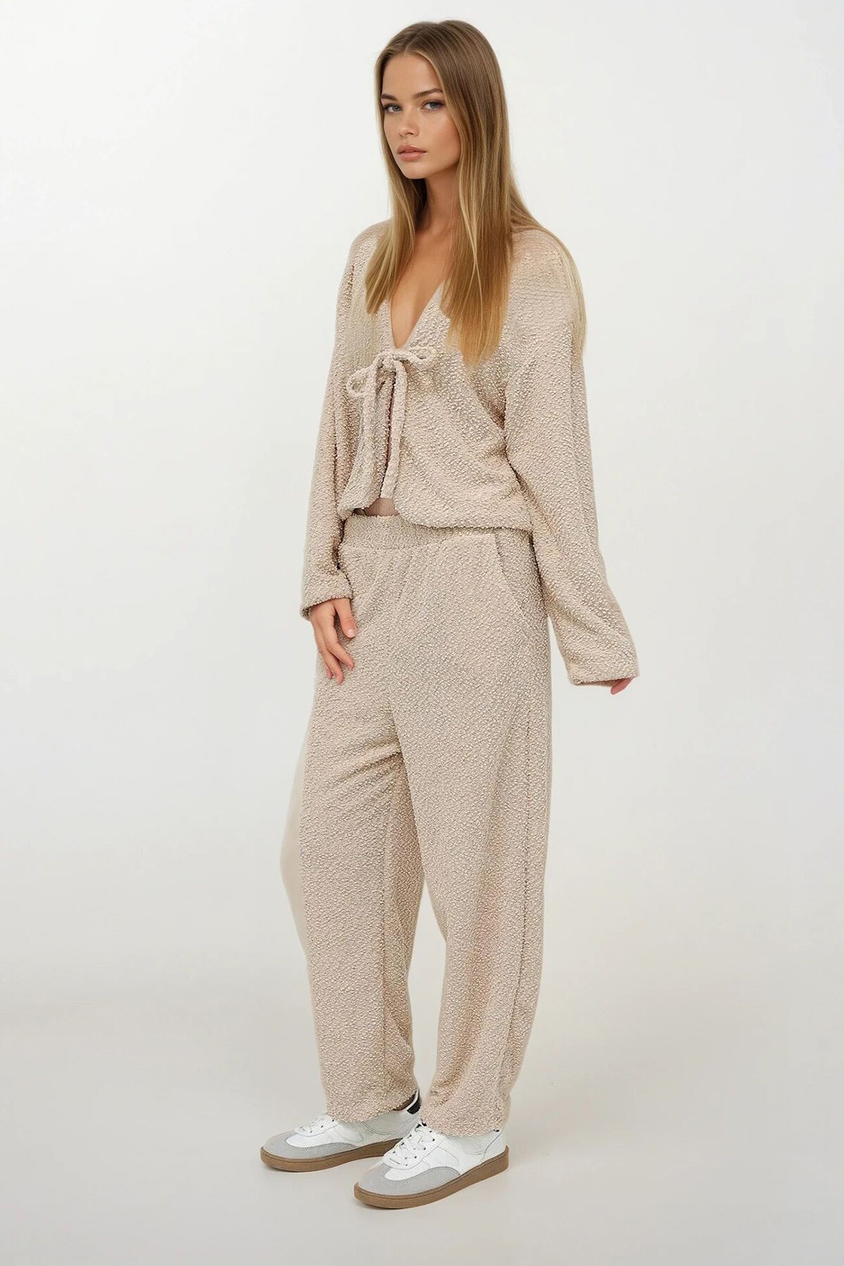 Taş Bağlamalı Bluz Ve Beli Lastikli Palazzo Pantolon Takım