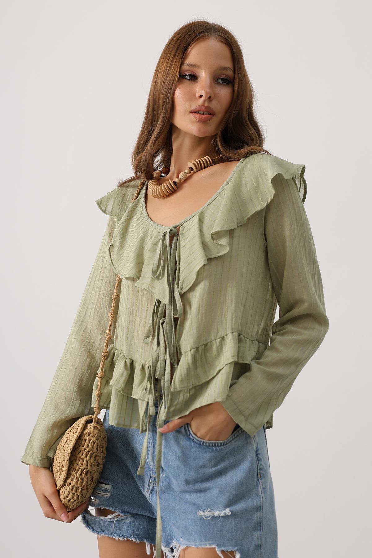 Haki Fırfırlı Bağlama Detaylı Uzun Kol Bluz