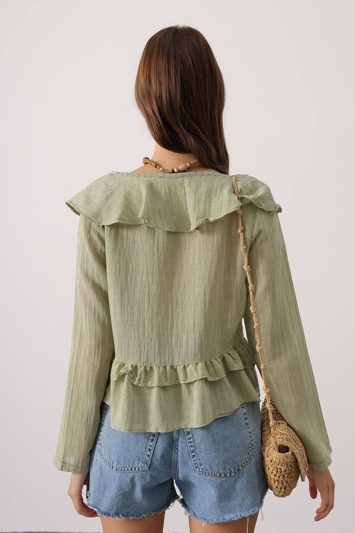 Haki Fırfırlı Bağlama Detaylı Uzun Kol Bluz