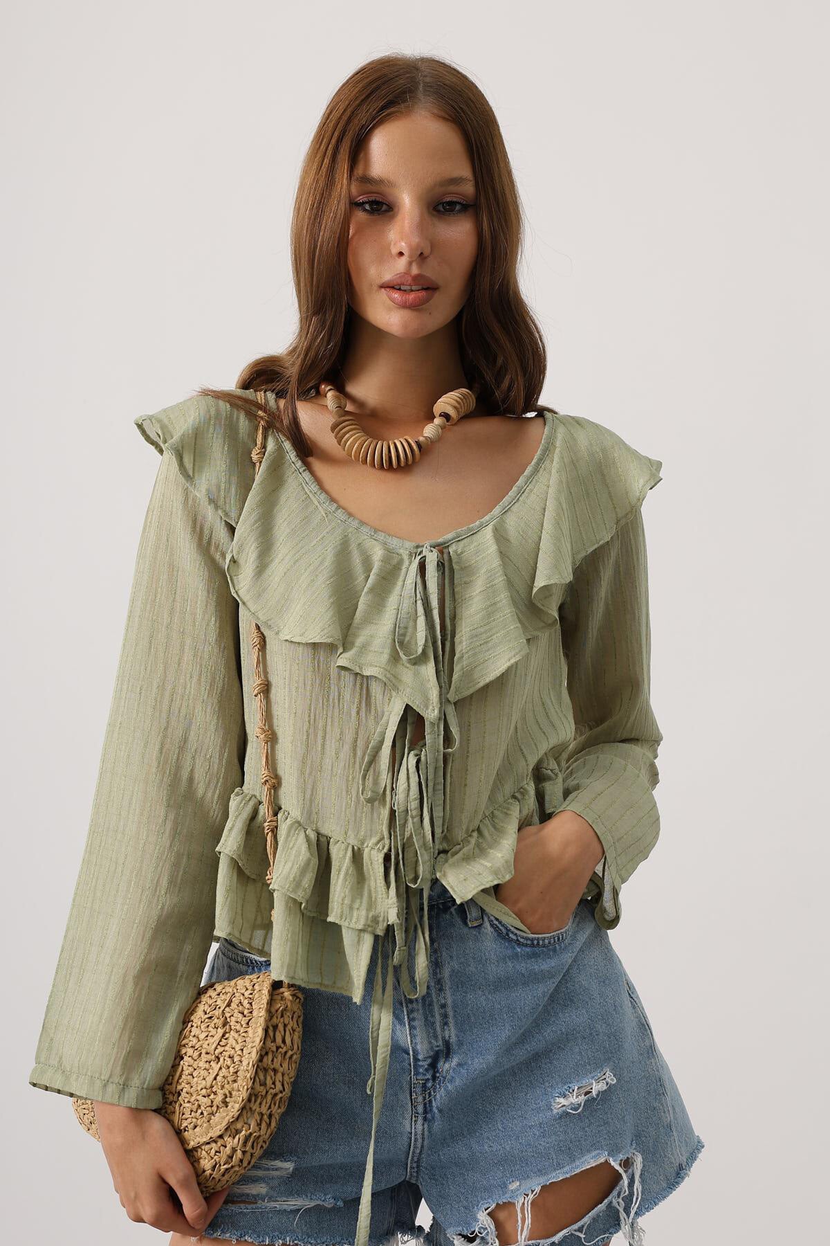 Haki Fırfırlı Bağlama Detaylı Uzun Kol Bluz