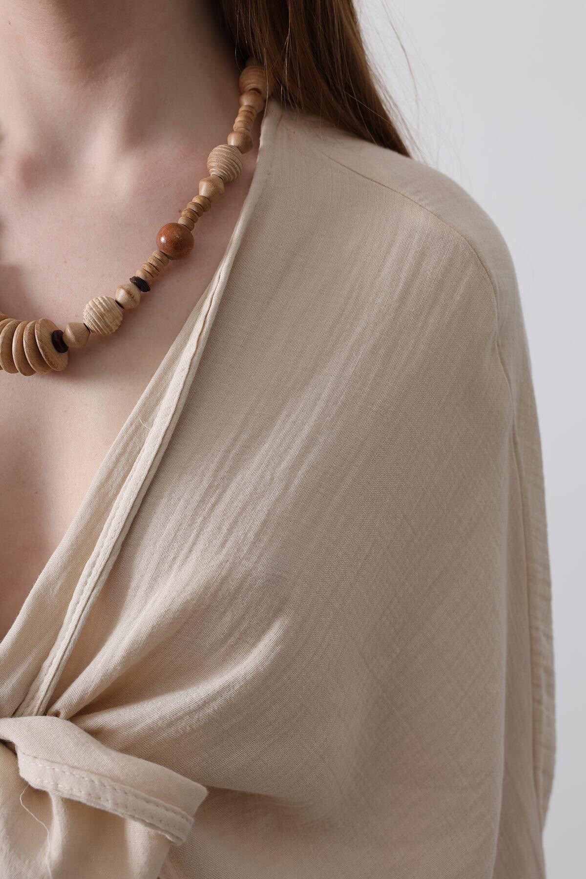 Bej Önü Bağlama Detaylı Uzun Kollu Bluz