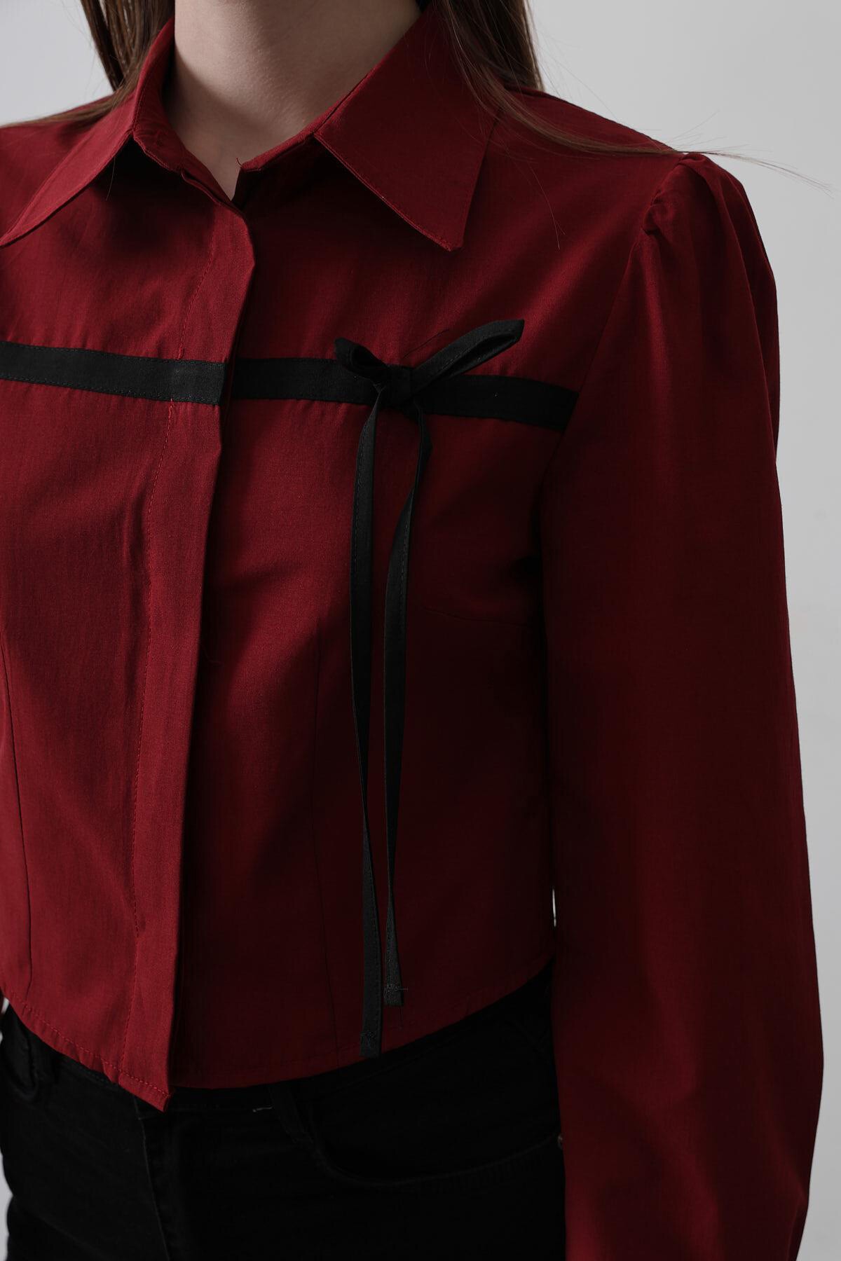 Bordo Önü Kontrast Fiyonklu Gömlek