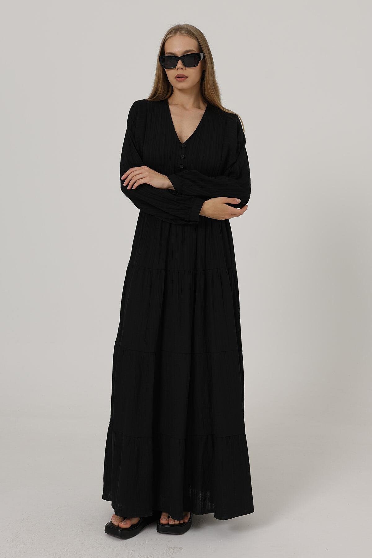 Siyah Önü Yarım Düğmeli Uzun Kol Kemerli Elbise