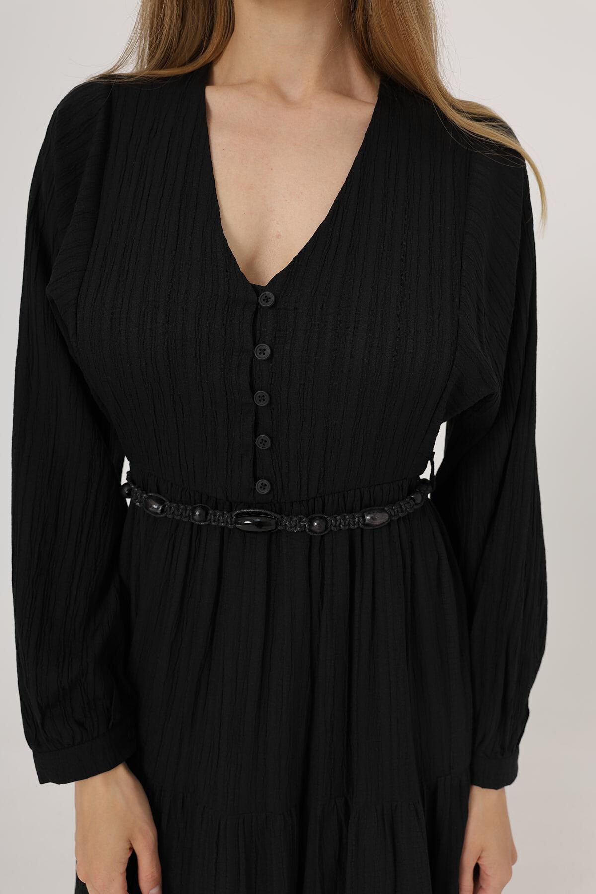 Siyah Önü Yarım Düğmeli Uzun Kol Kemerli Elbise