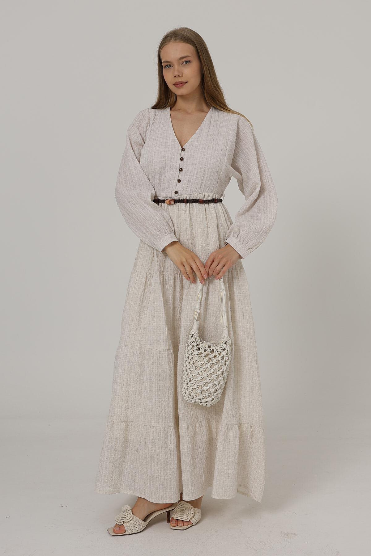 Krem Önü Yarım Düğmeli Uzun Kol Kemerli Elbise