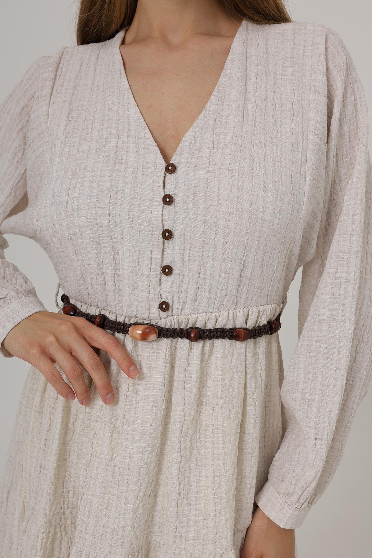 Krem Önü Yarım Düğmeli Uzun Kol Kemerli Elbise