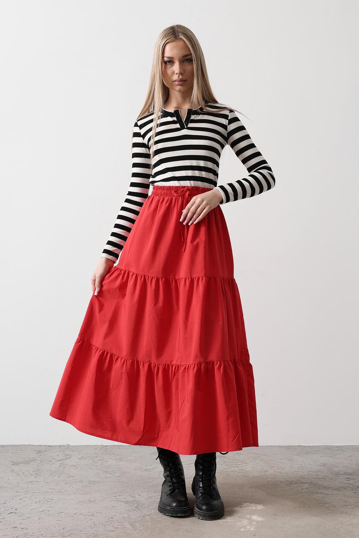 Kırmızı Bağcıklı Beli Lastikli Fırfırlı Maxi Boy Etek
