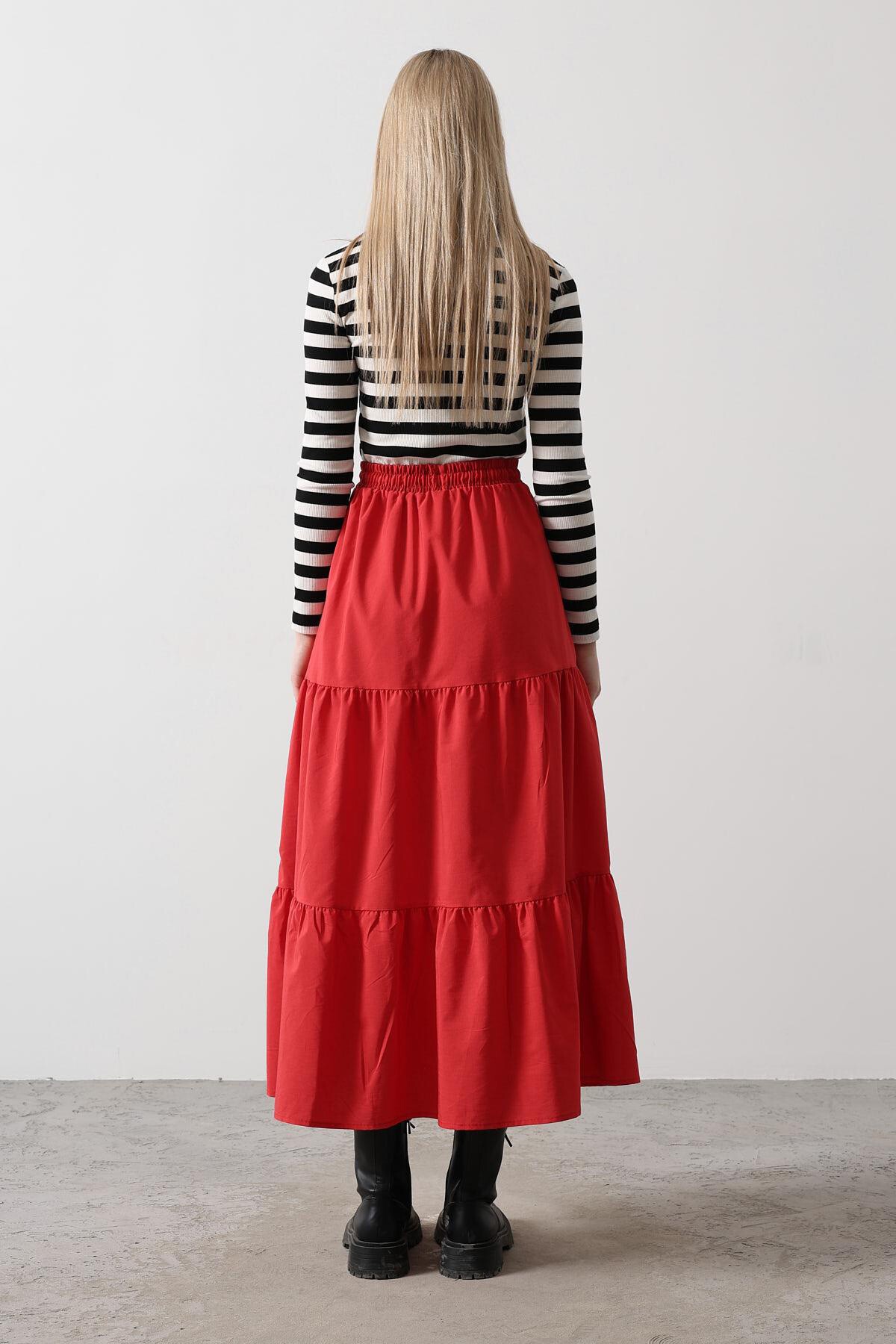 Kırmızı Bağcıklı Beli Lastikli Fırfırlı Maxi Boy Etek