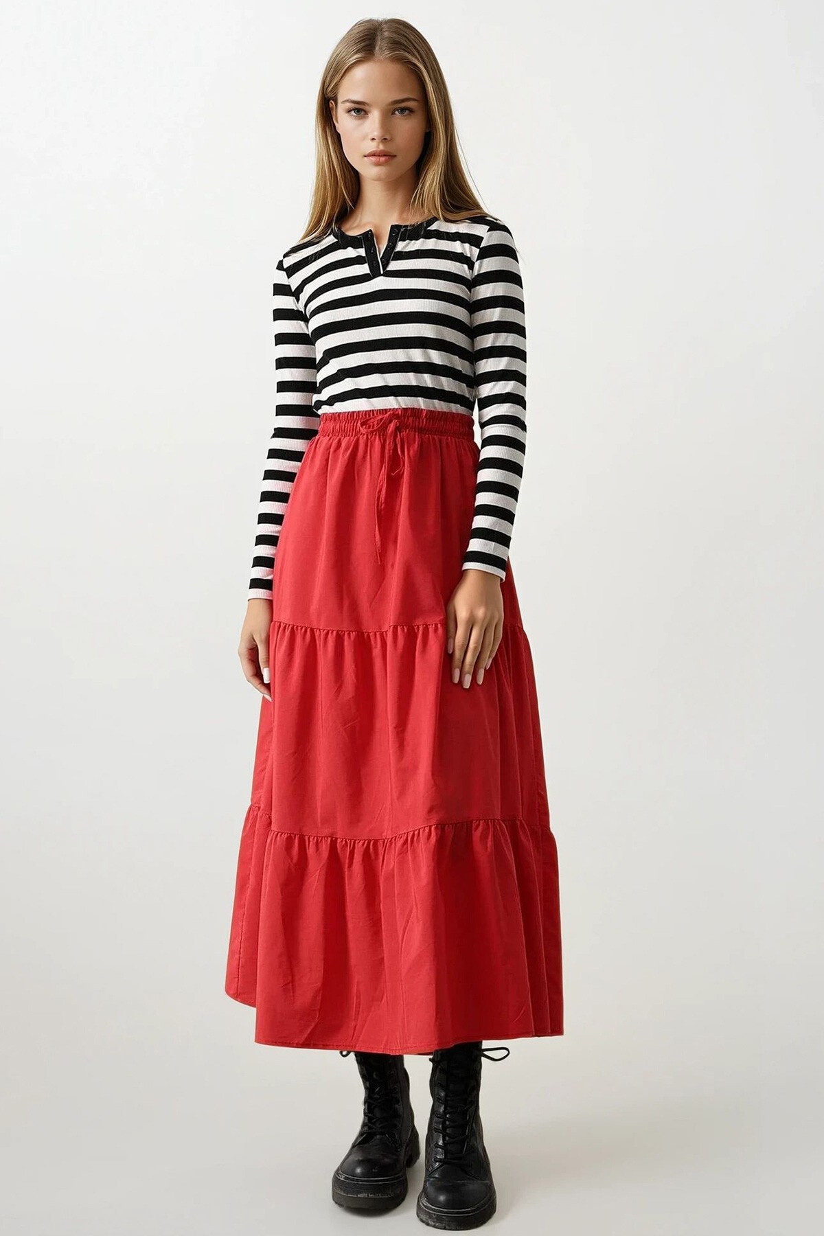 Kırmızı Bağcıklı Beli Lastikli Fırfırlı Maxi Boy Etek
