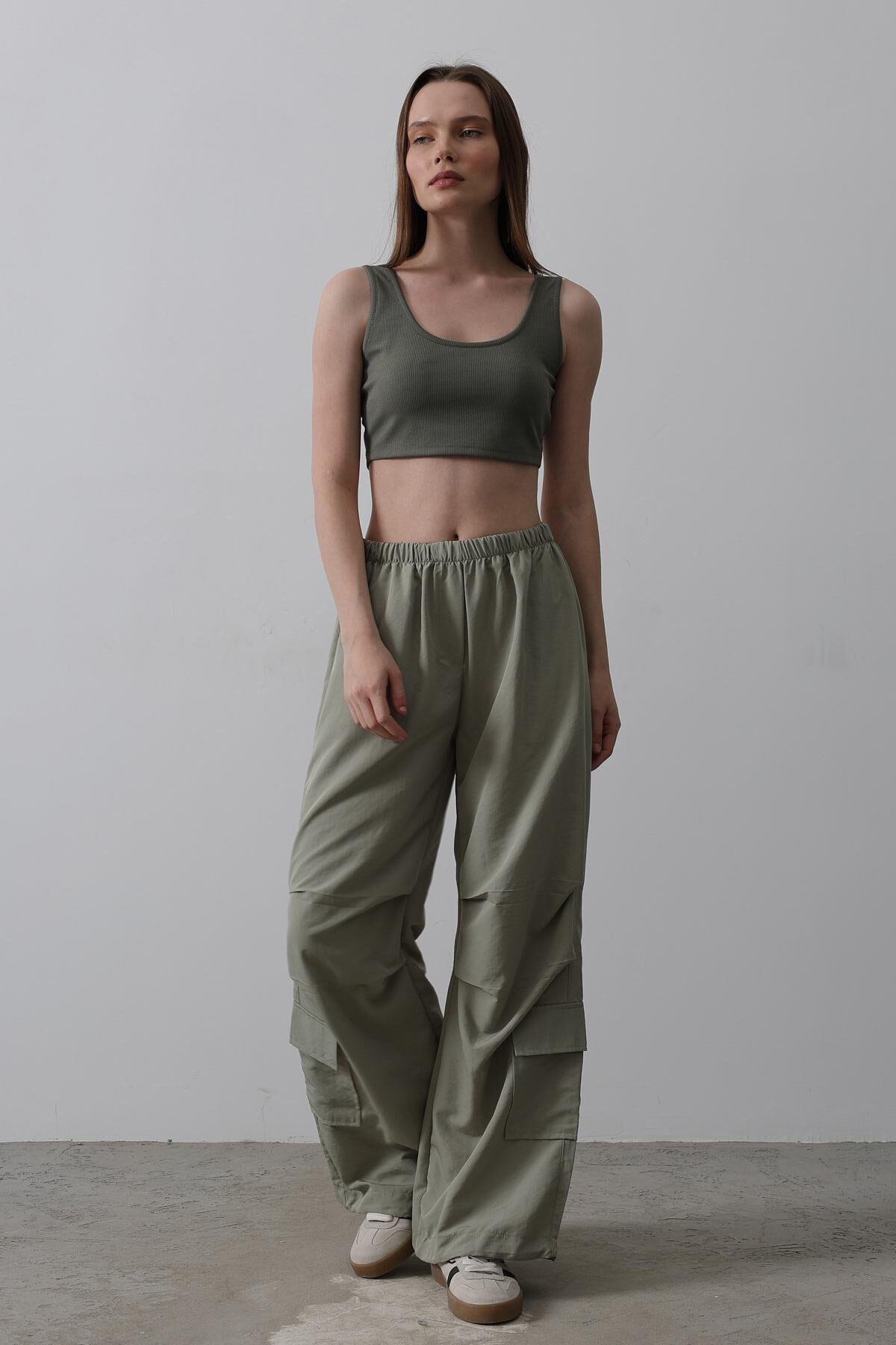 Haki Beli Lastikli Paraşüt Kargo Pantolon