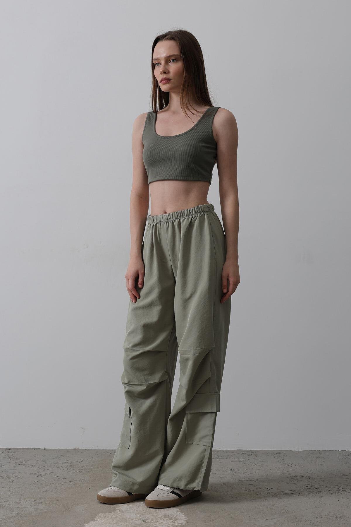 Haki Beli Lastikli Paraşüt Kargo Pantolon