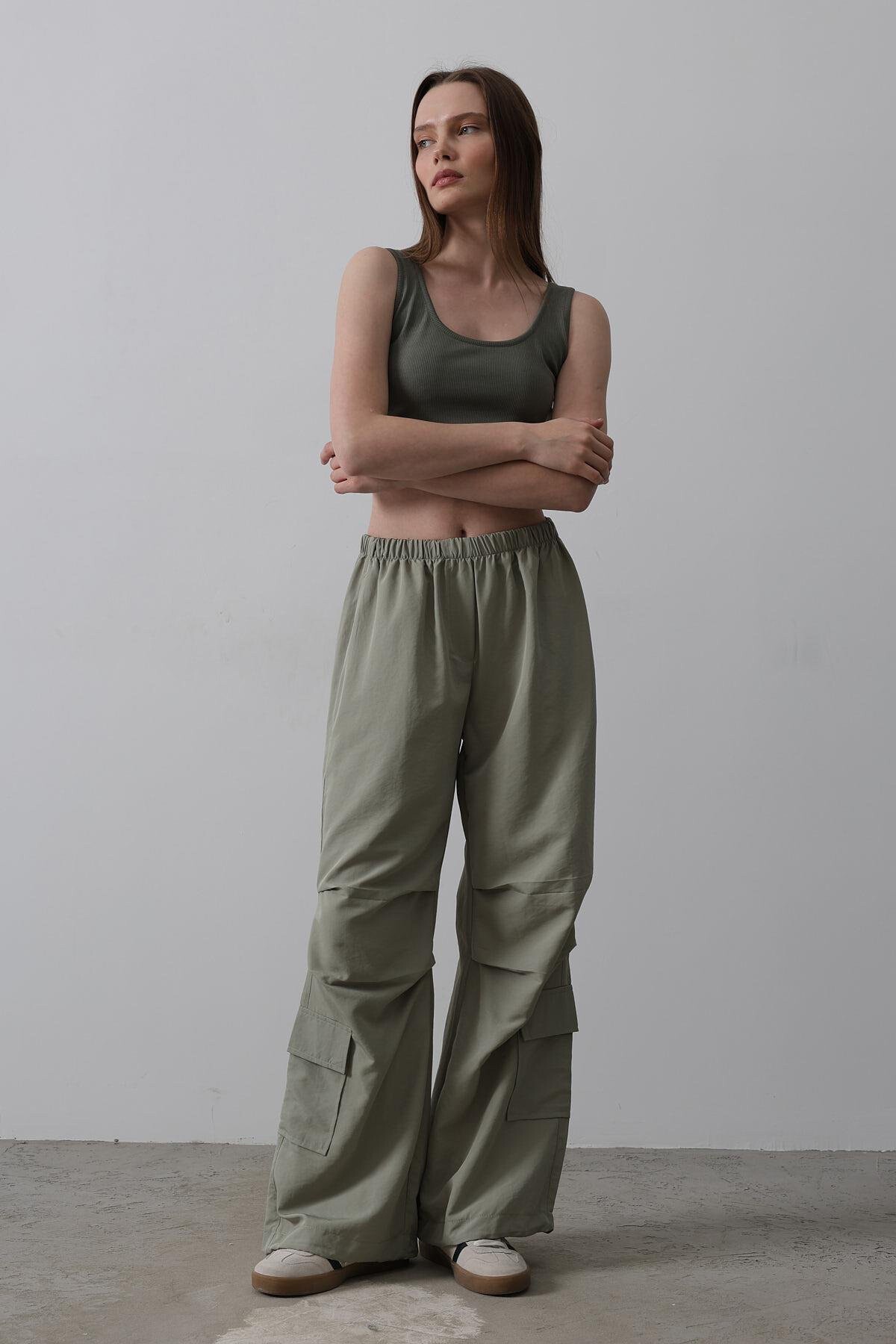 Haki Beli Lastikli Paraşüt Kargo Pantolon