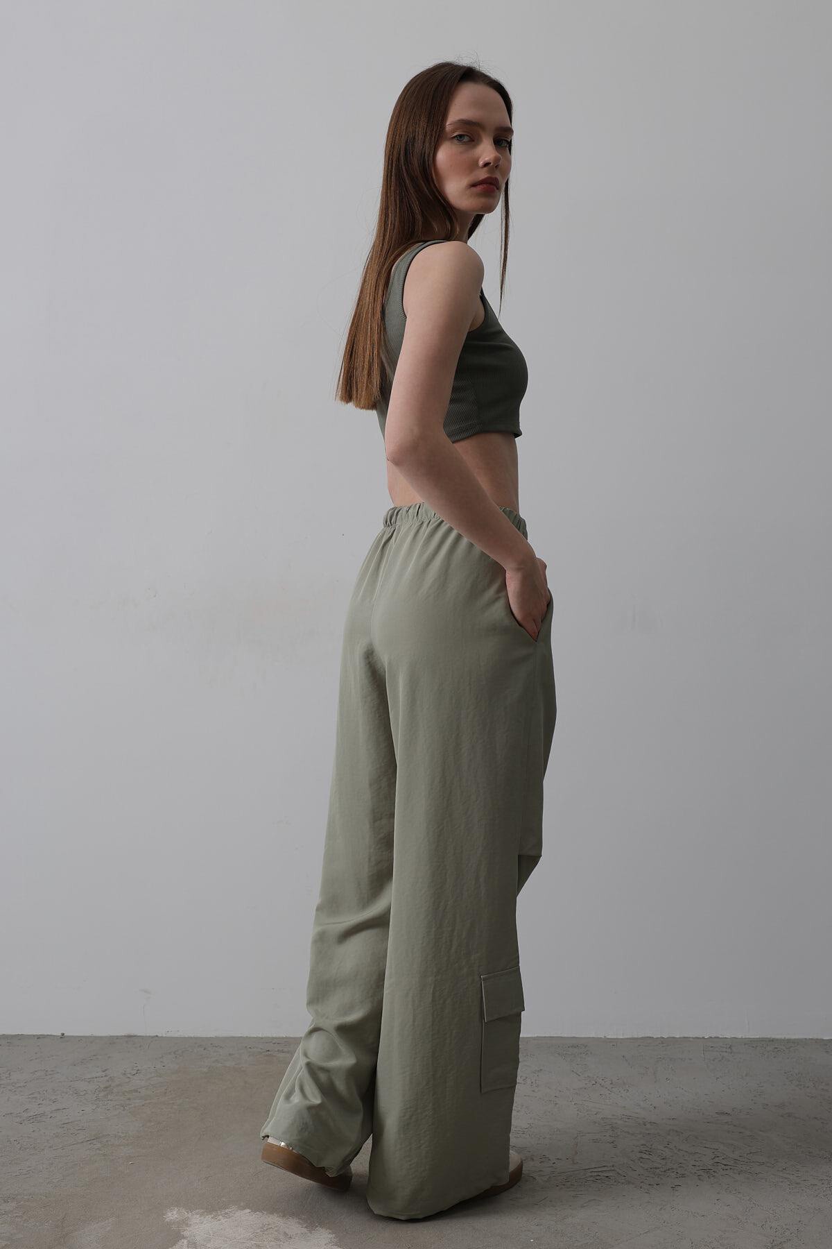 Haki Beli Lastikli Paraşüt Kargo Pantolon