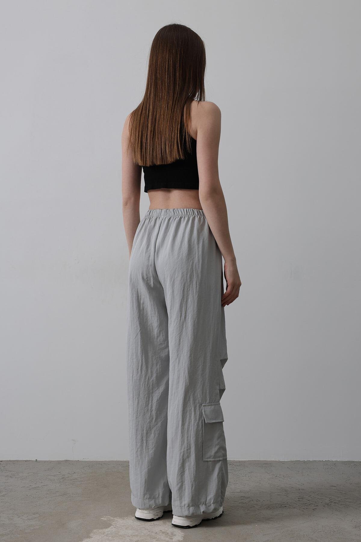 Gri Beli Lastikli Paraşüt Kargo Pantolon