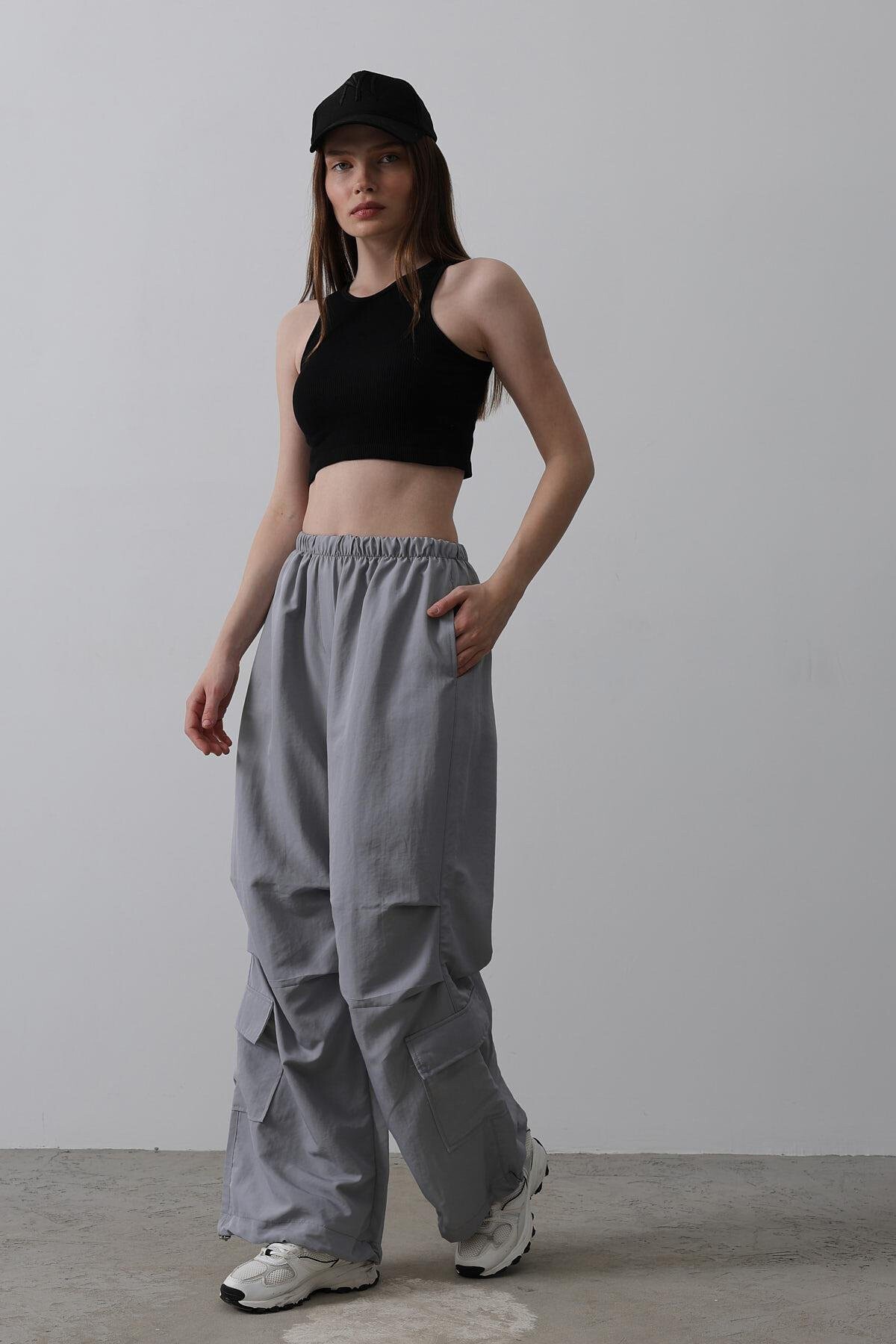 Antrasit Beli Lastikli Paraşüt Kargo Pantolon