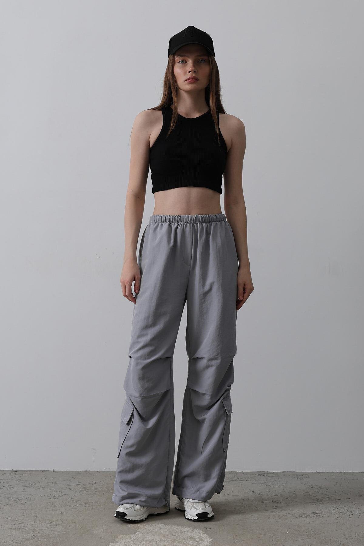 Antrasit Beli Lastikli Paraşüt Kargo Pantolon