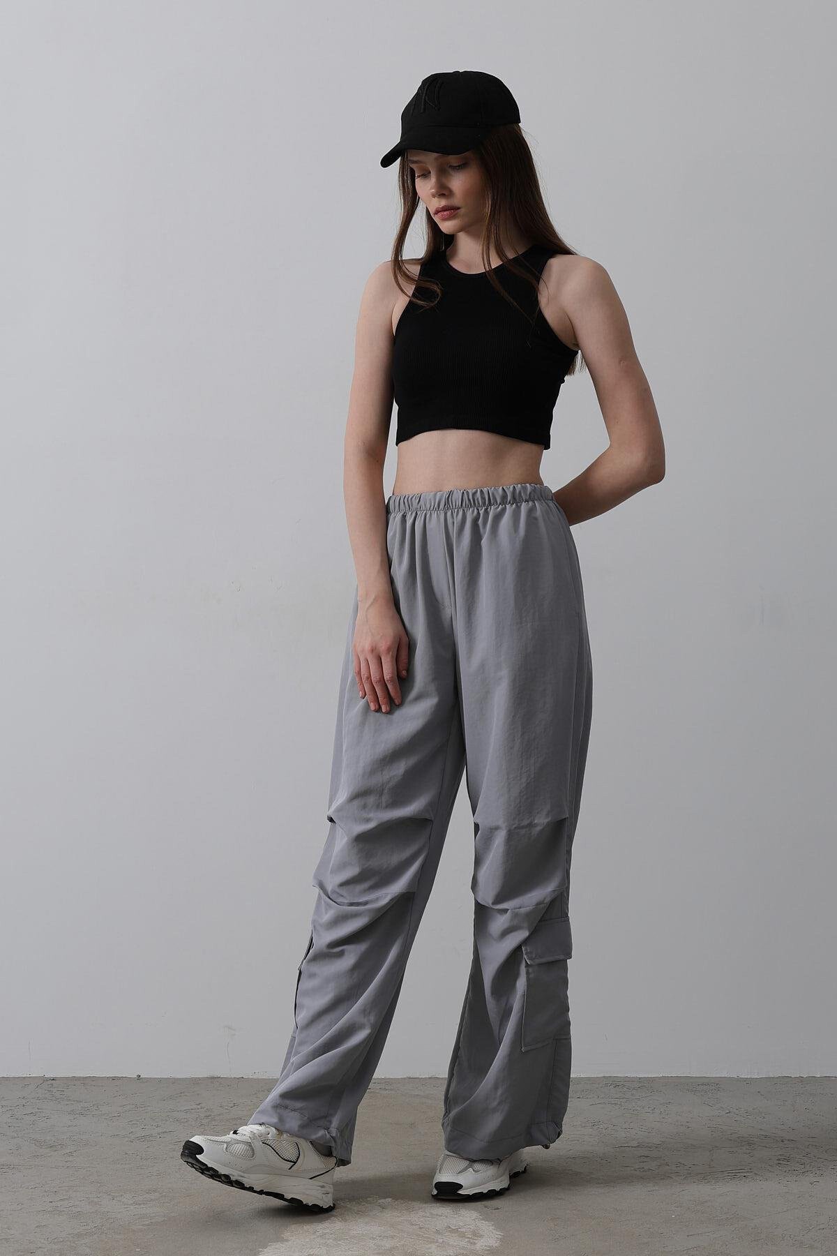 Antrasit Beli Lastikli Paraşüt Kargo Pantolon