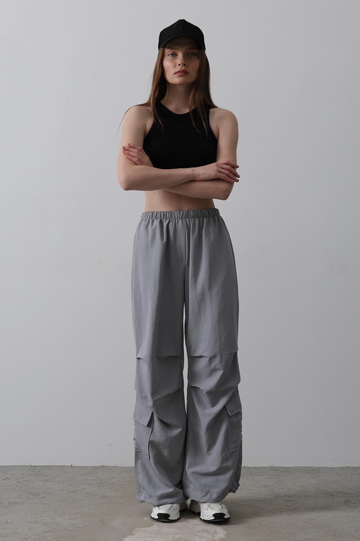 Antrasit Beli Lastikli Paraşüt Kargo Pantolon