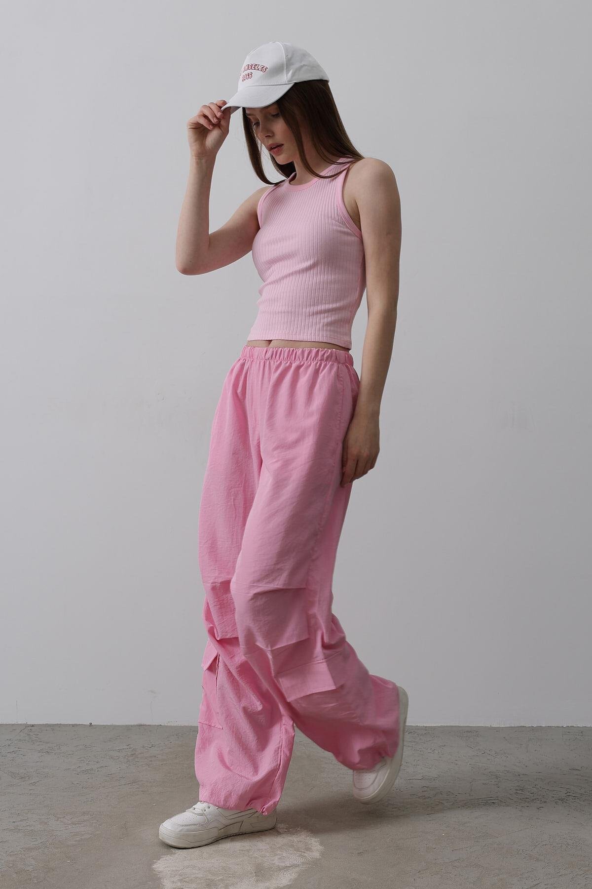 Pembe Beli Lastikli Paraşüt Kargo Pantolon