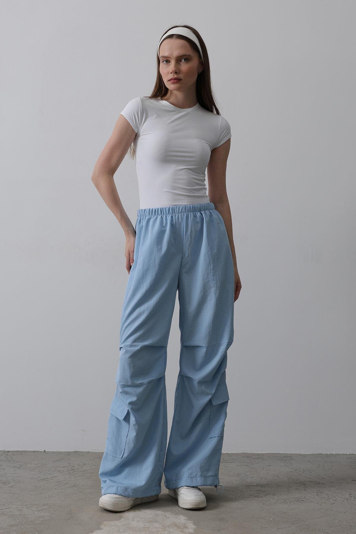 Mavi Beli Lastikli Paraşüt Kargo Pantolon