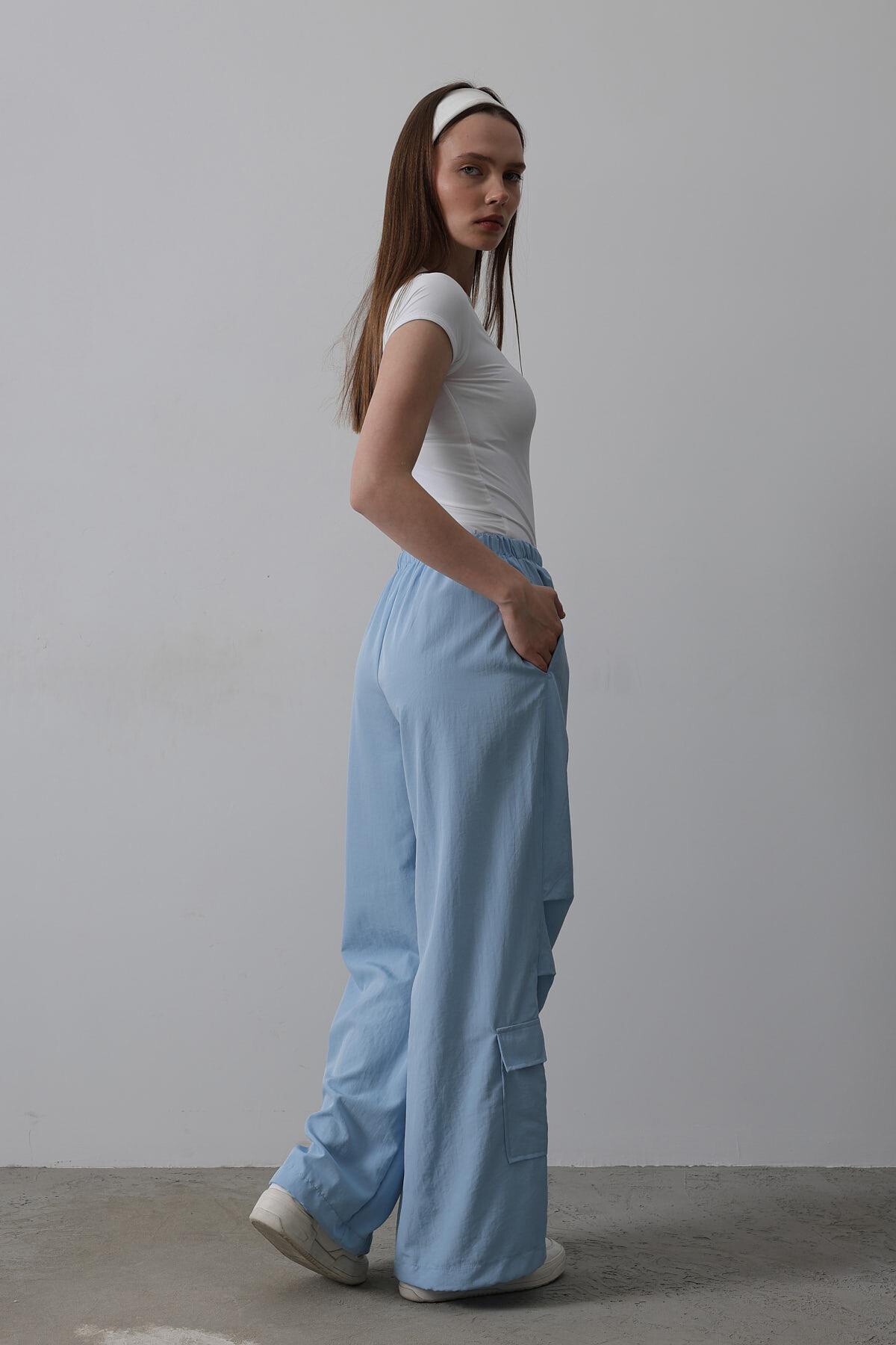 Mavi Beli Lastikli Paraşüt Kargo Pantolon