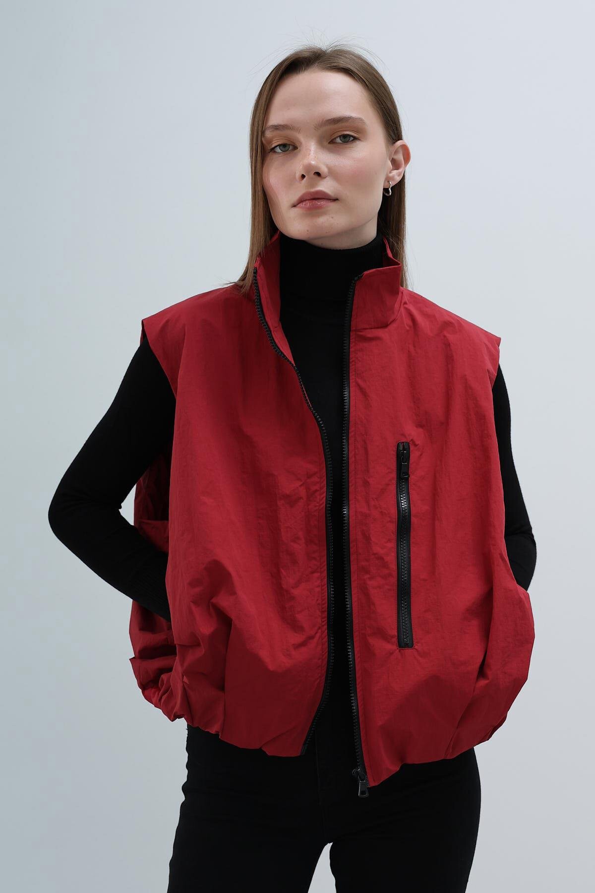 Vişne Fermuar Cepli Beli Lastikli Paraşüt Yelek