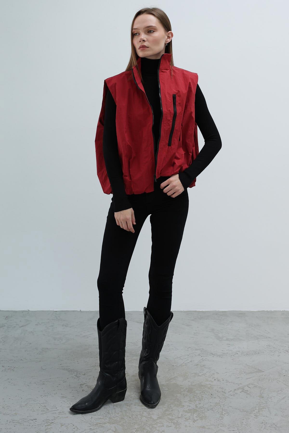 Vişne Fermuar Cepli Beli Lastikli Paraşüt Yelek