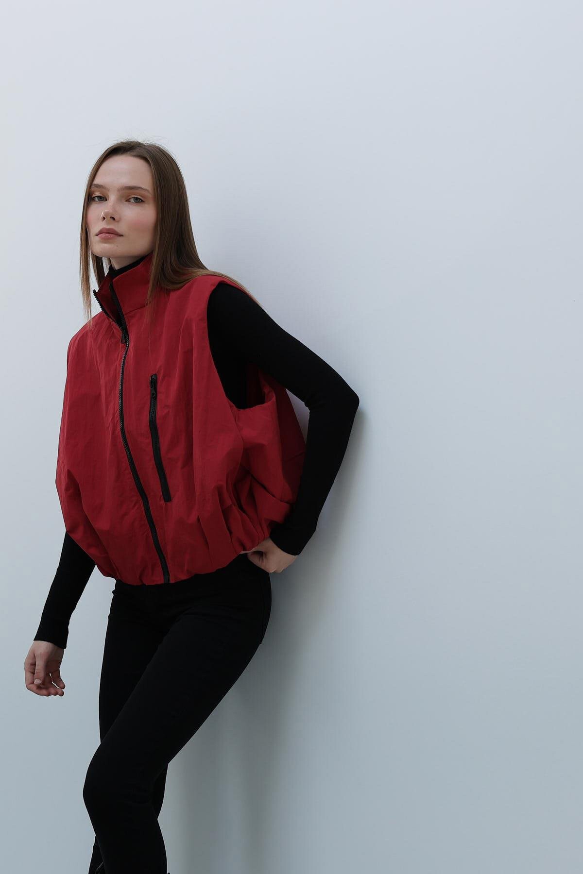 Vişne Fermuar Cepli Beli Lastikli Paraşüt Yelek