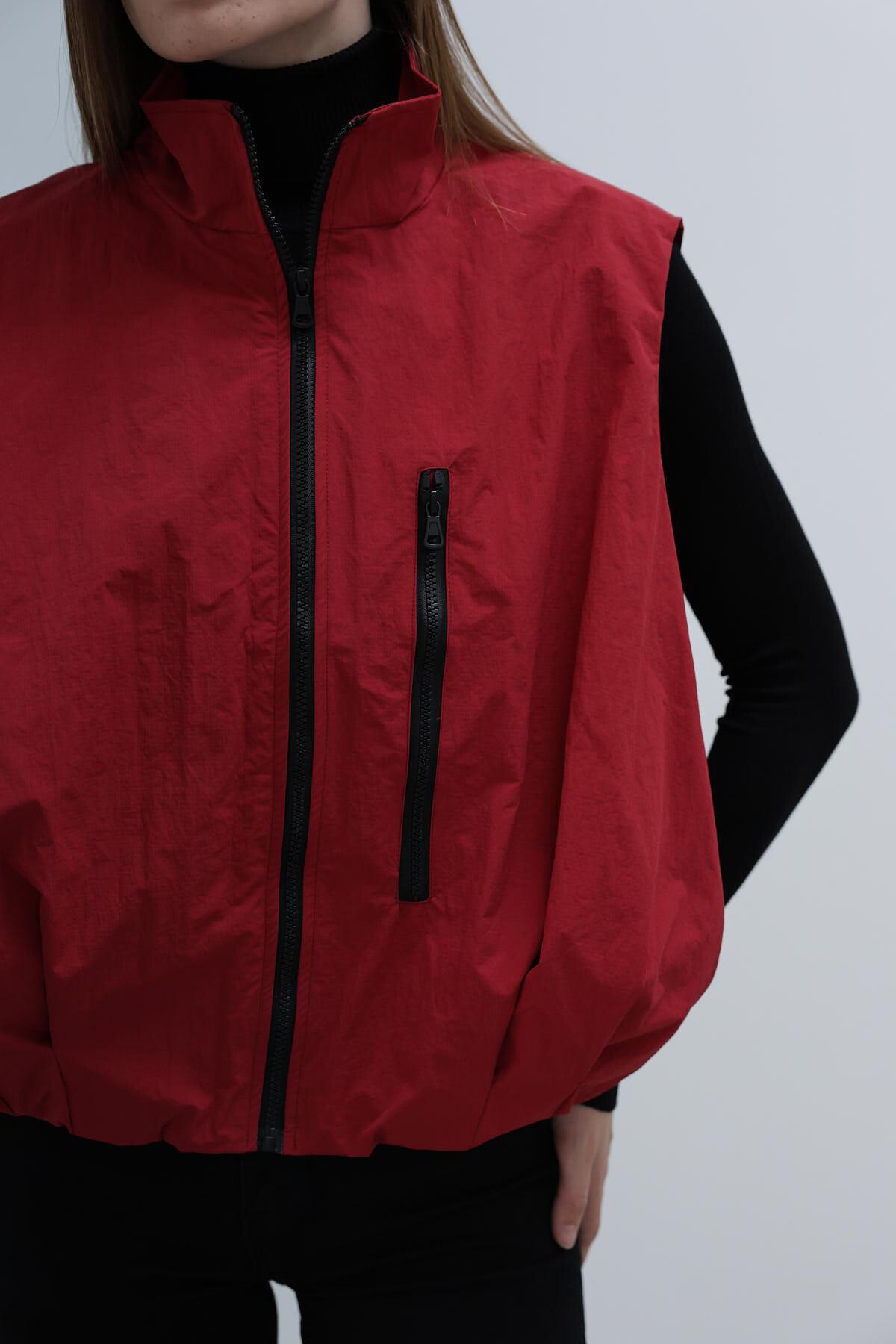 Vişne Fermuar Cepli Beli Lastikli Paraşüt Yelek