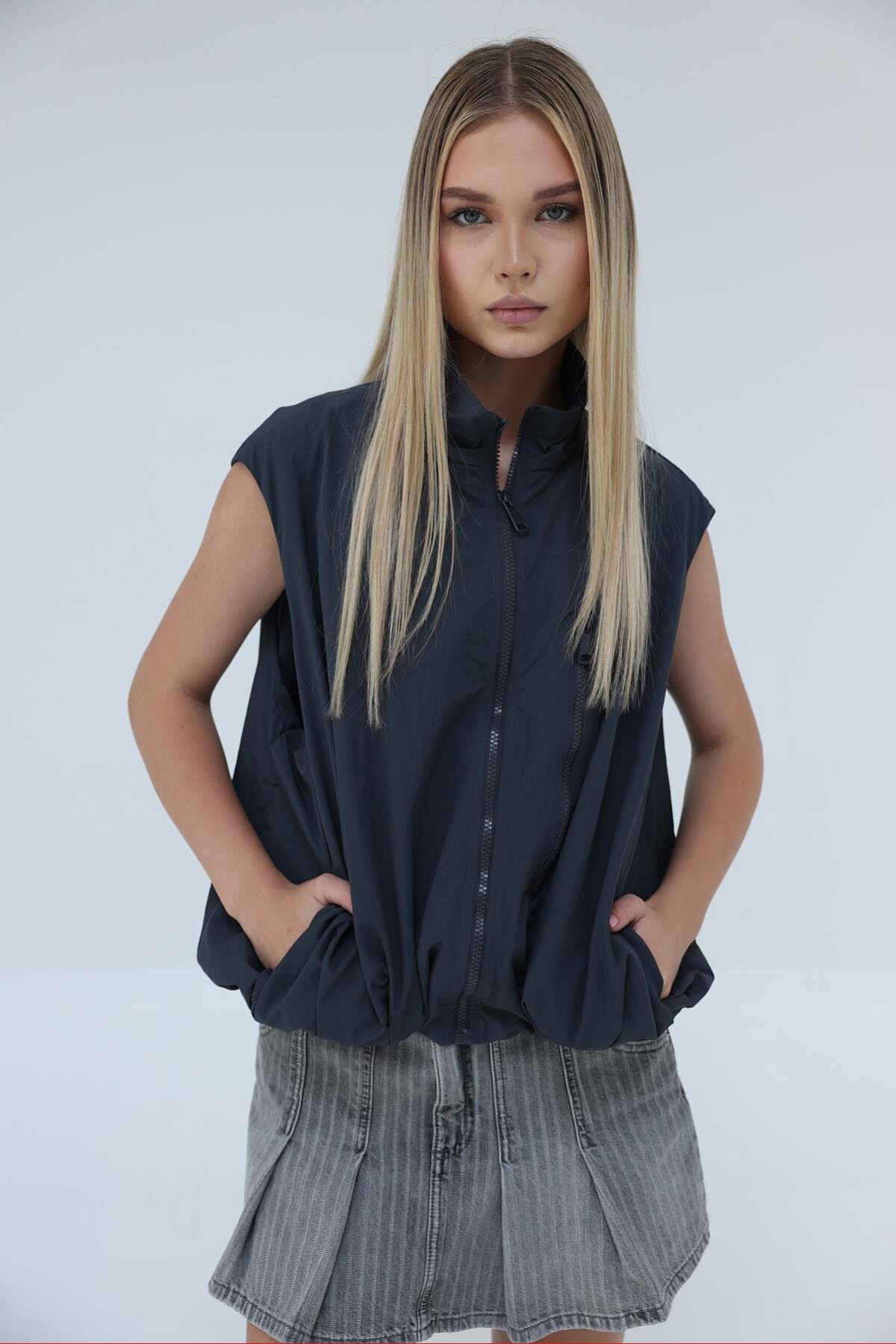 Antrasit Fermuar Cepli Beli Lastikli Paraşüt Yelek