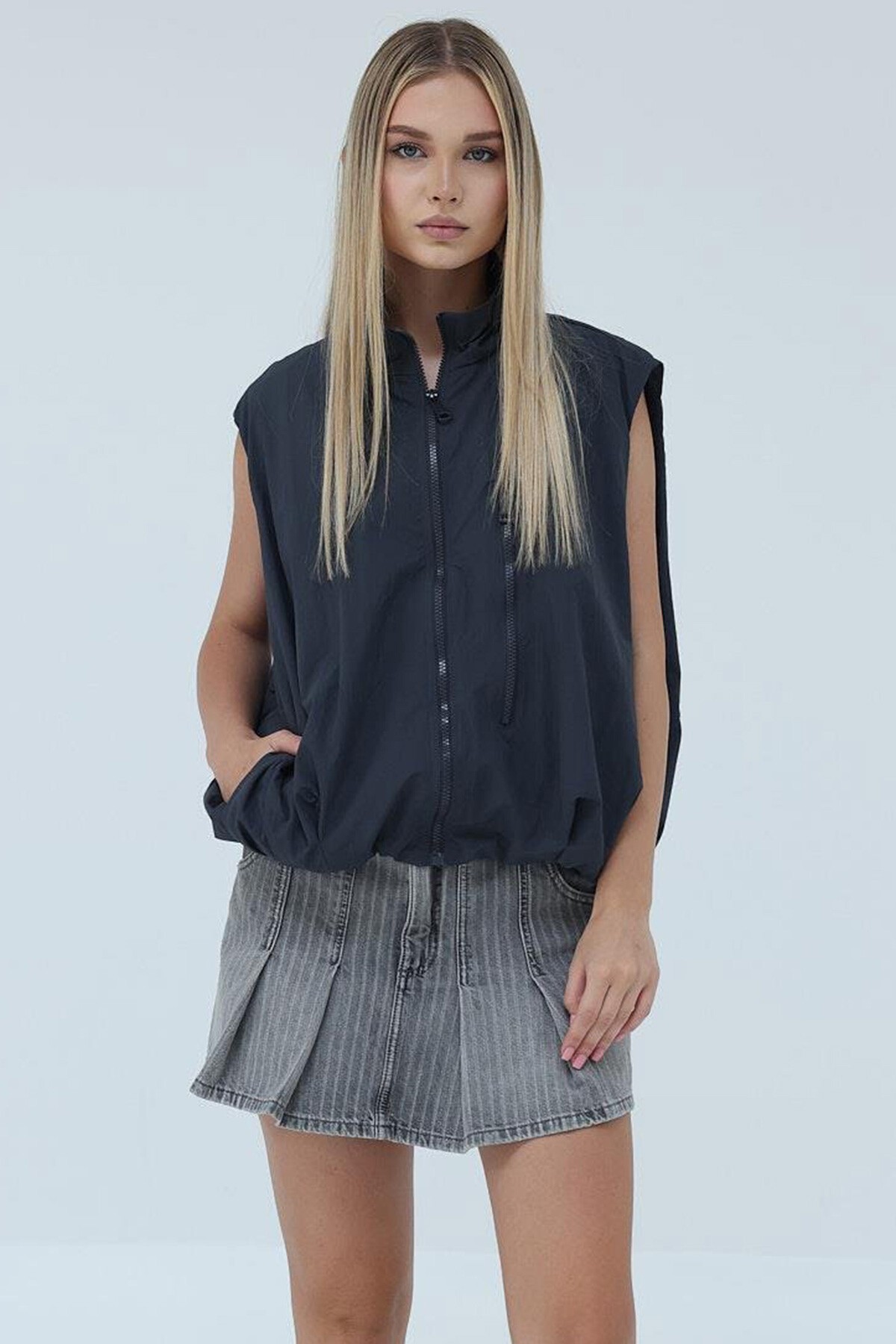 Antrasit Fermuar Cepli Beli Lastikli Paraşüt Yelek