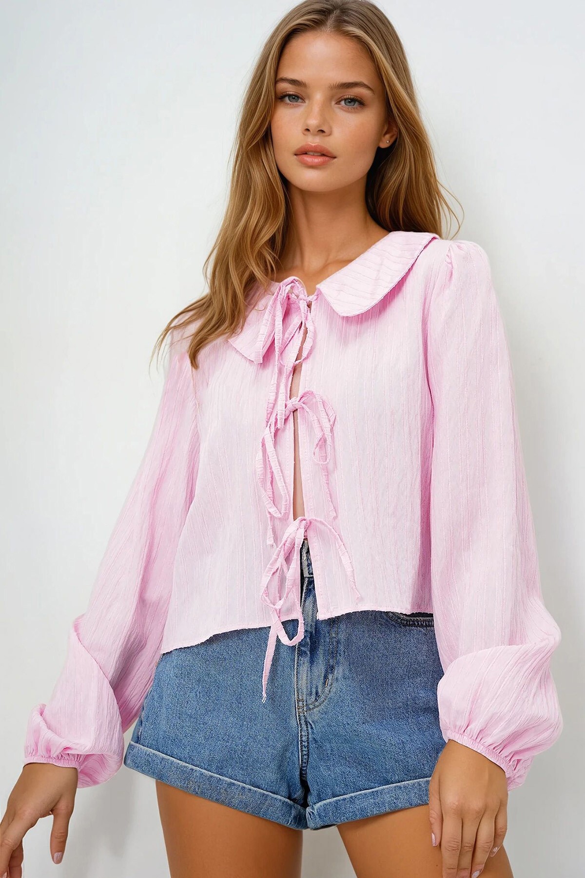 Pembe Bebe Yaka Armürlü Balon Kol Bağlamalı Şönil Dokuma Gömlek