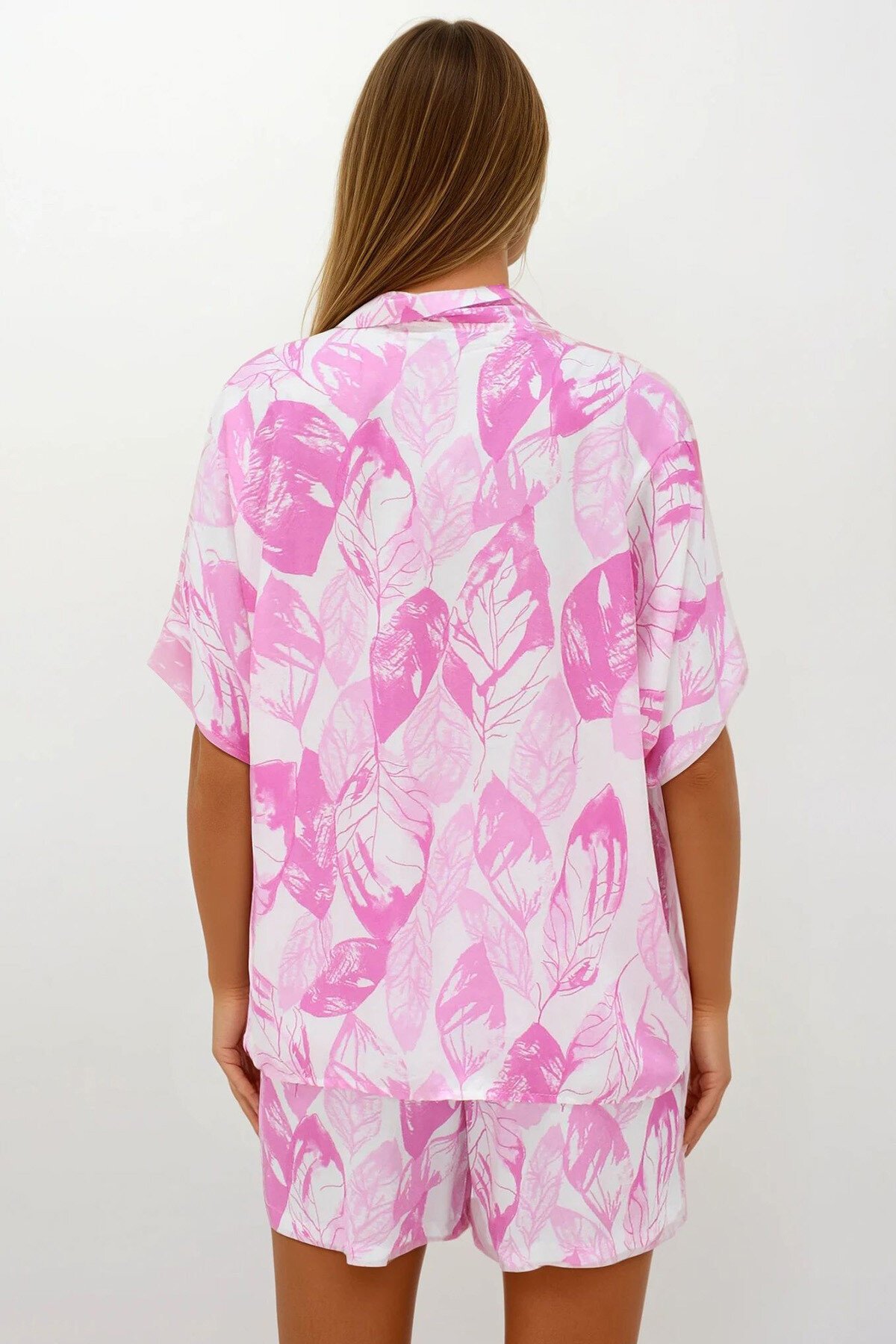 Pembe Beli Lastikli Kapaklı Şort Etek Dokuma Gömlek Takım