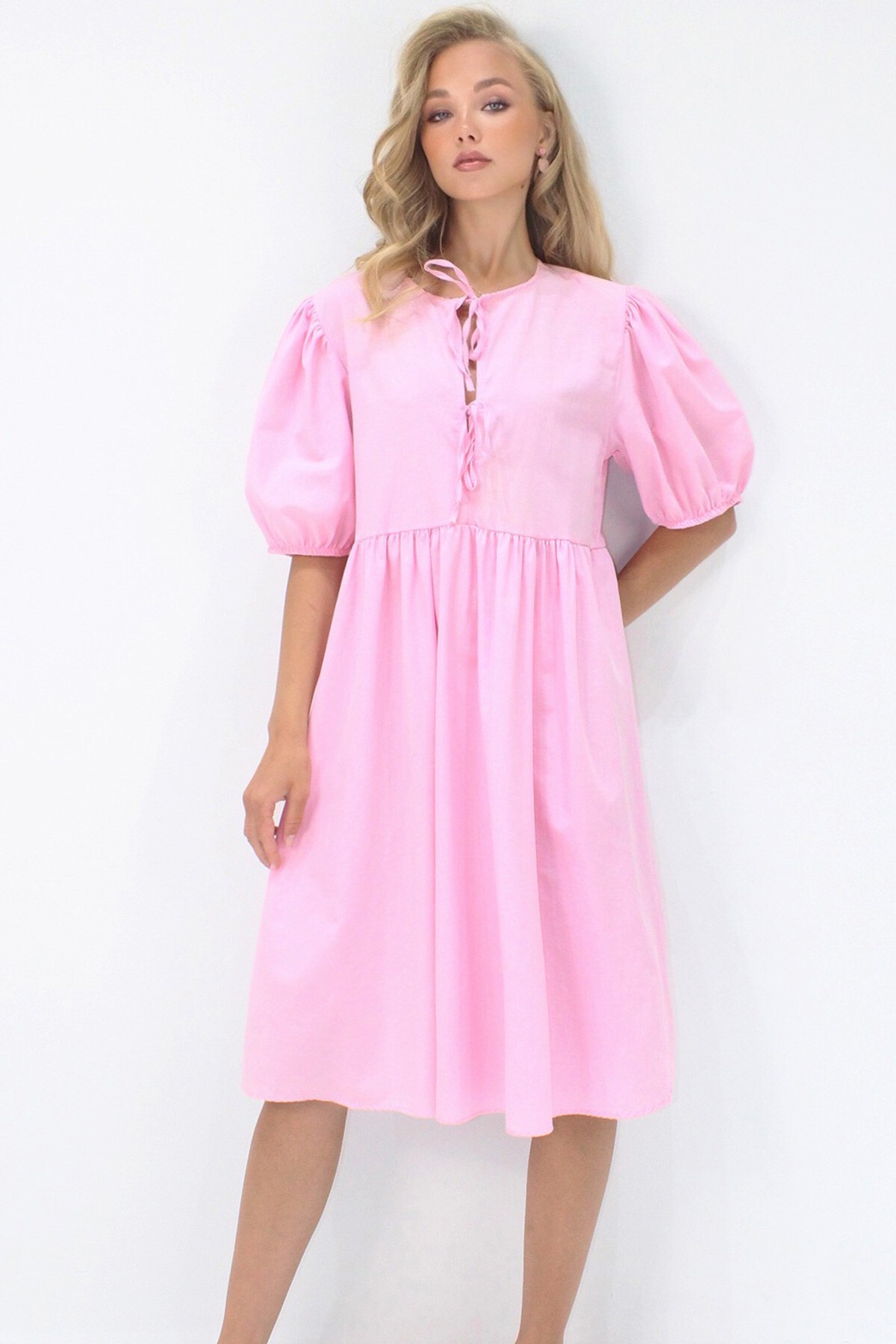 Pembe Bisiklet Yaka Bağlama Detaylı Karpuz Kol Bidi Boy Poplin Elbise