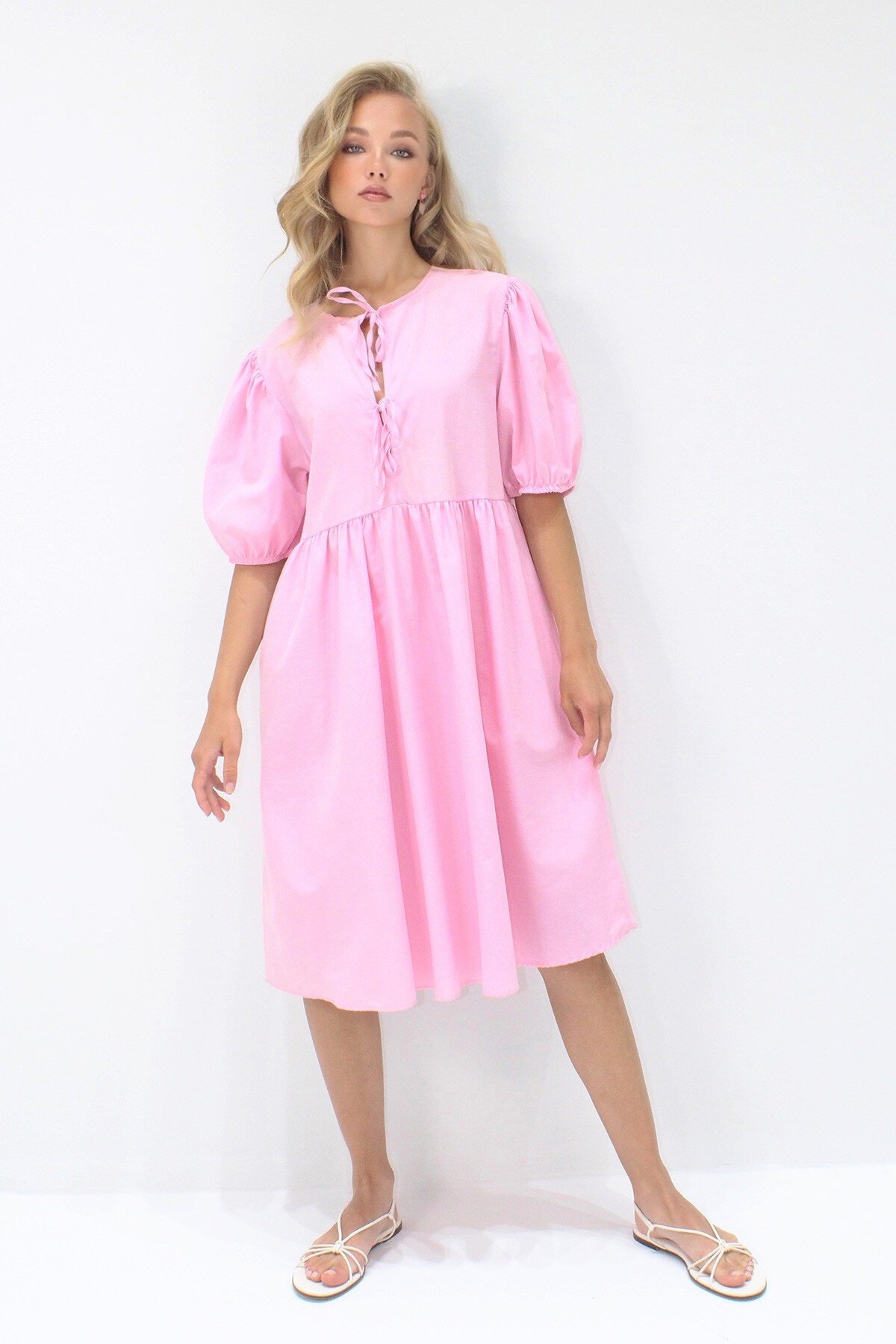 Pembe Bisiklet Yaka Bağlama Detaylı Karpuz Kol Bidi Boy Poplin Elbise