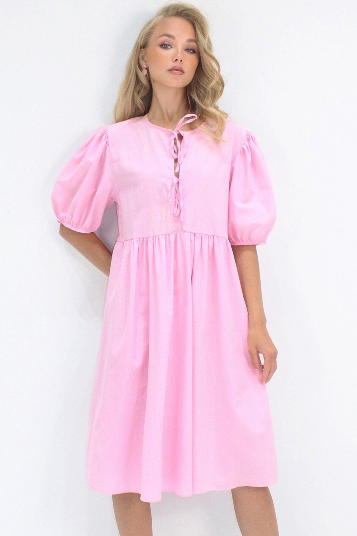 Pembe Bisiklet Yaka Bağlama Detaylı Karpuz Kol Bidi Boy Poplin Elbise