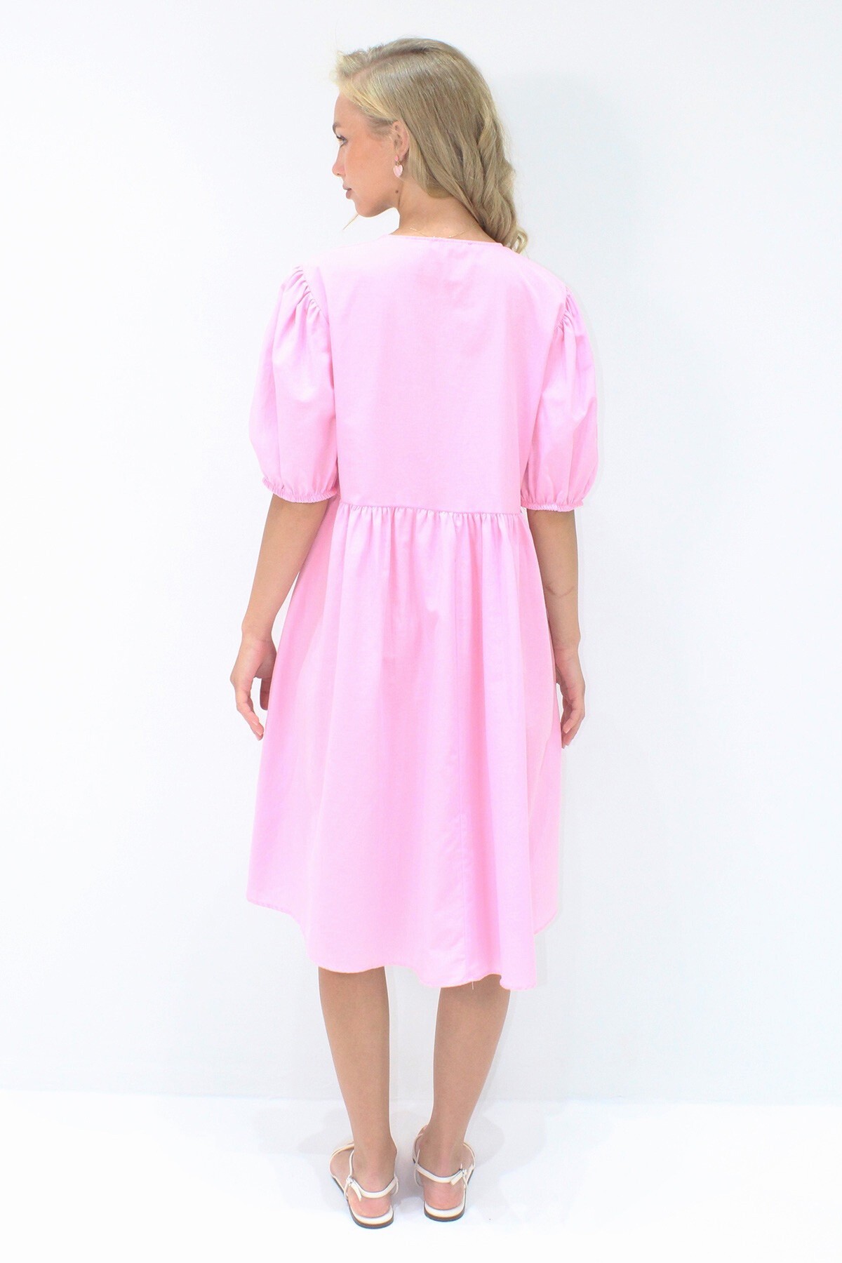 Pembe Bisiklet Yaka Bağlama Detaylı Karpuz Kol Bidi Boy Poplin Elbise