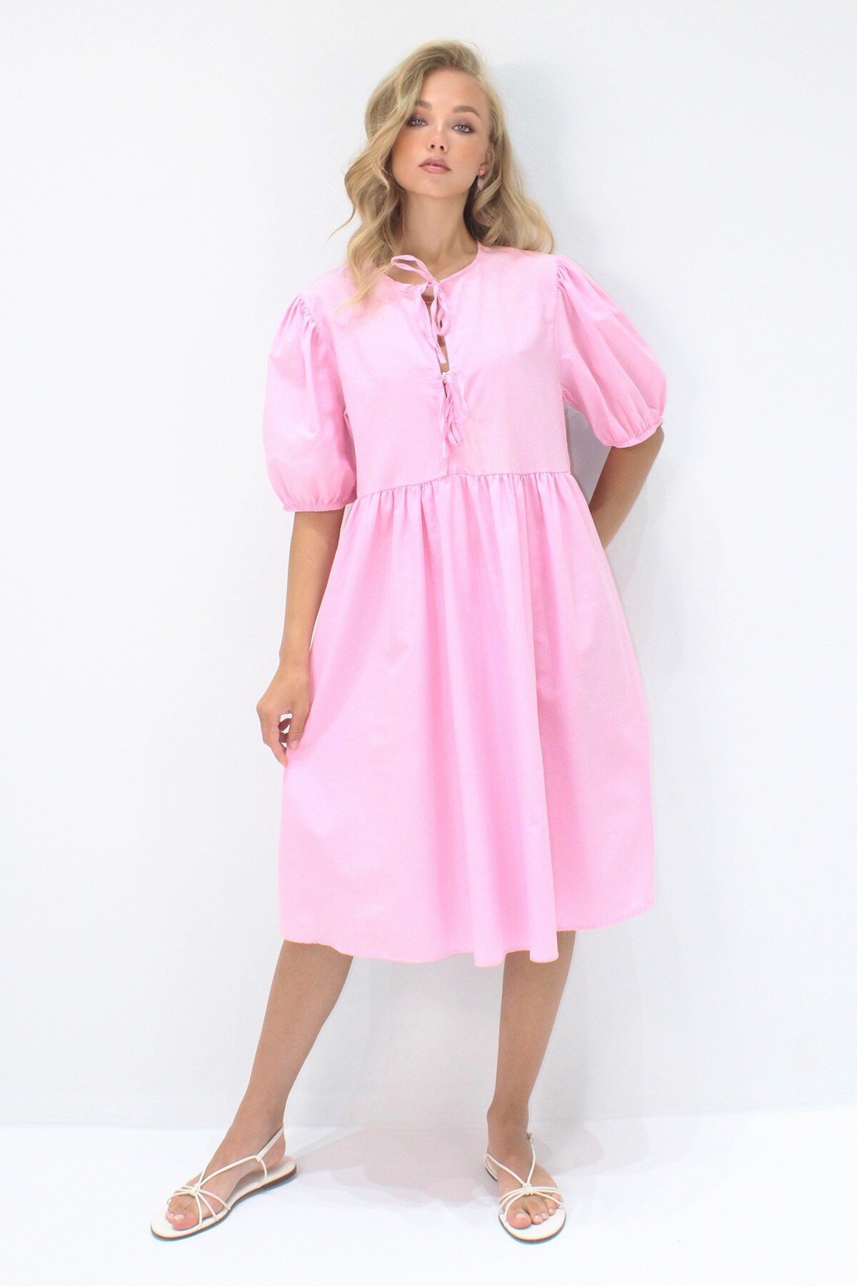 Pembe Bisiklet Yaka Bağlama Detaylı Karpuz Kol Bidi Boy Poplin Elbise